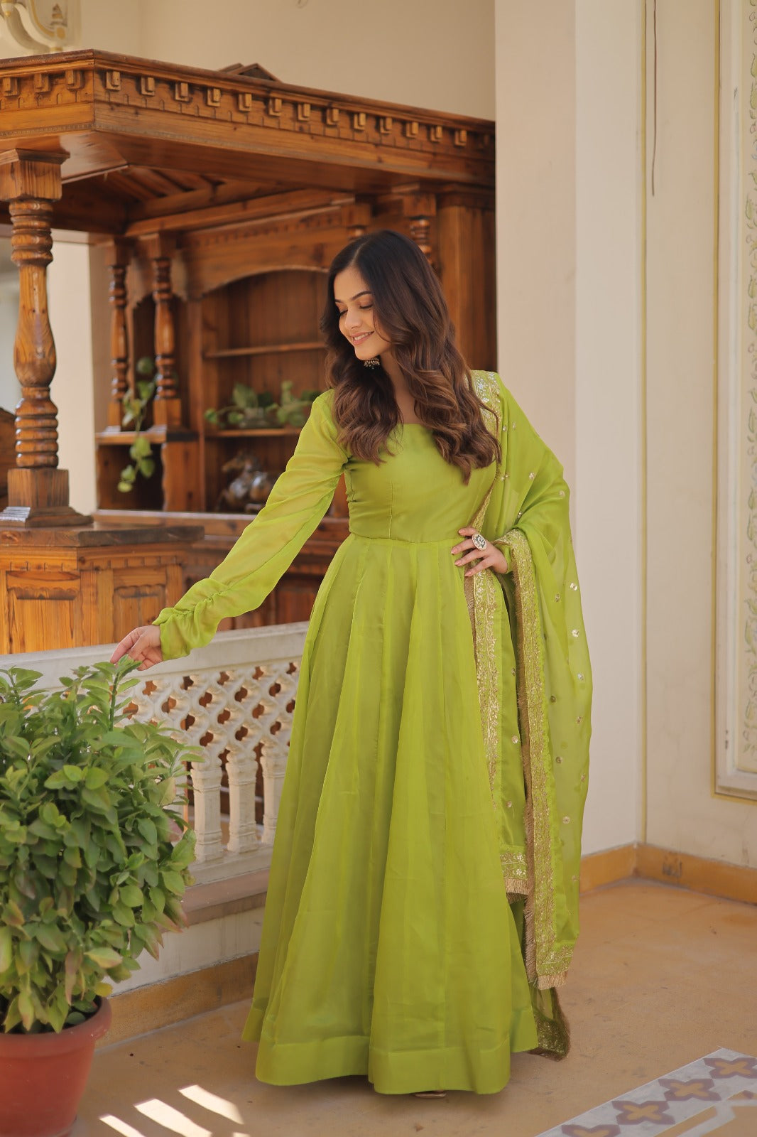 Amazing Parrot Green Color Gown With Work Dupatta