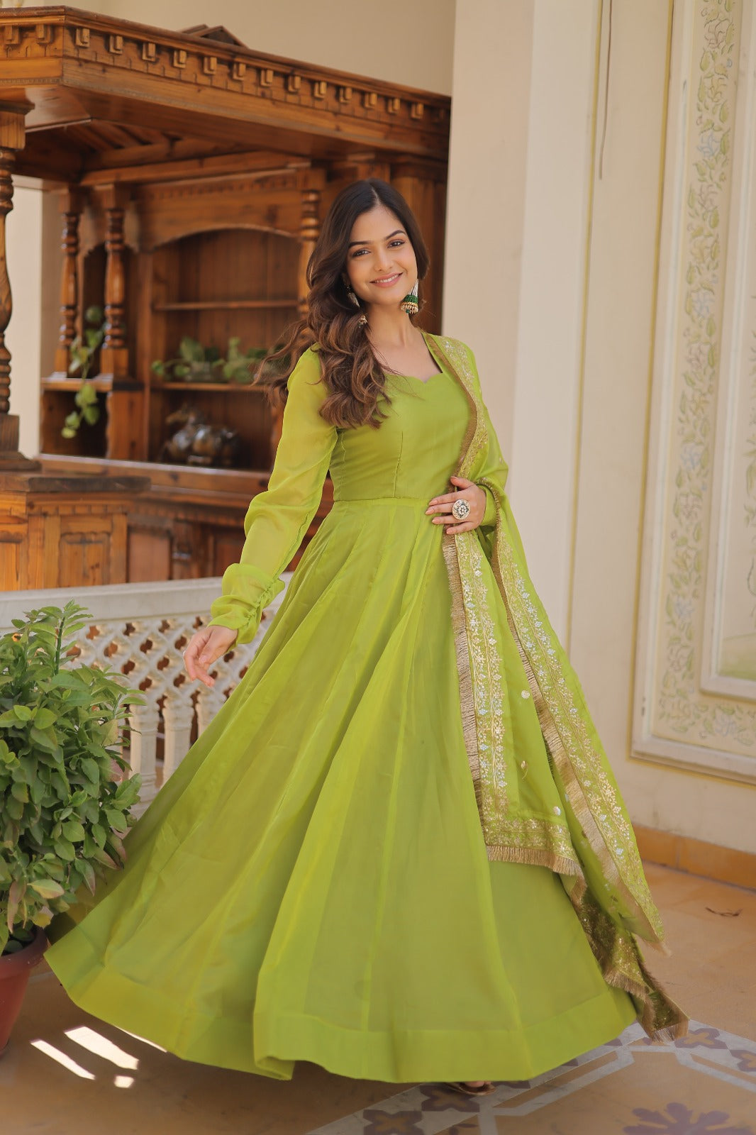 Amazing Parrot Green Color Gown With Work Dupatta