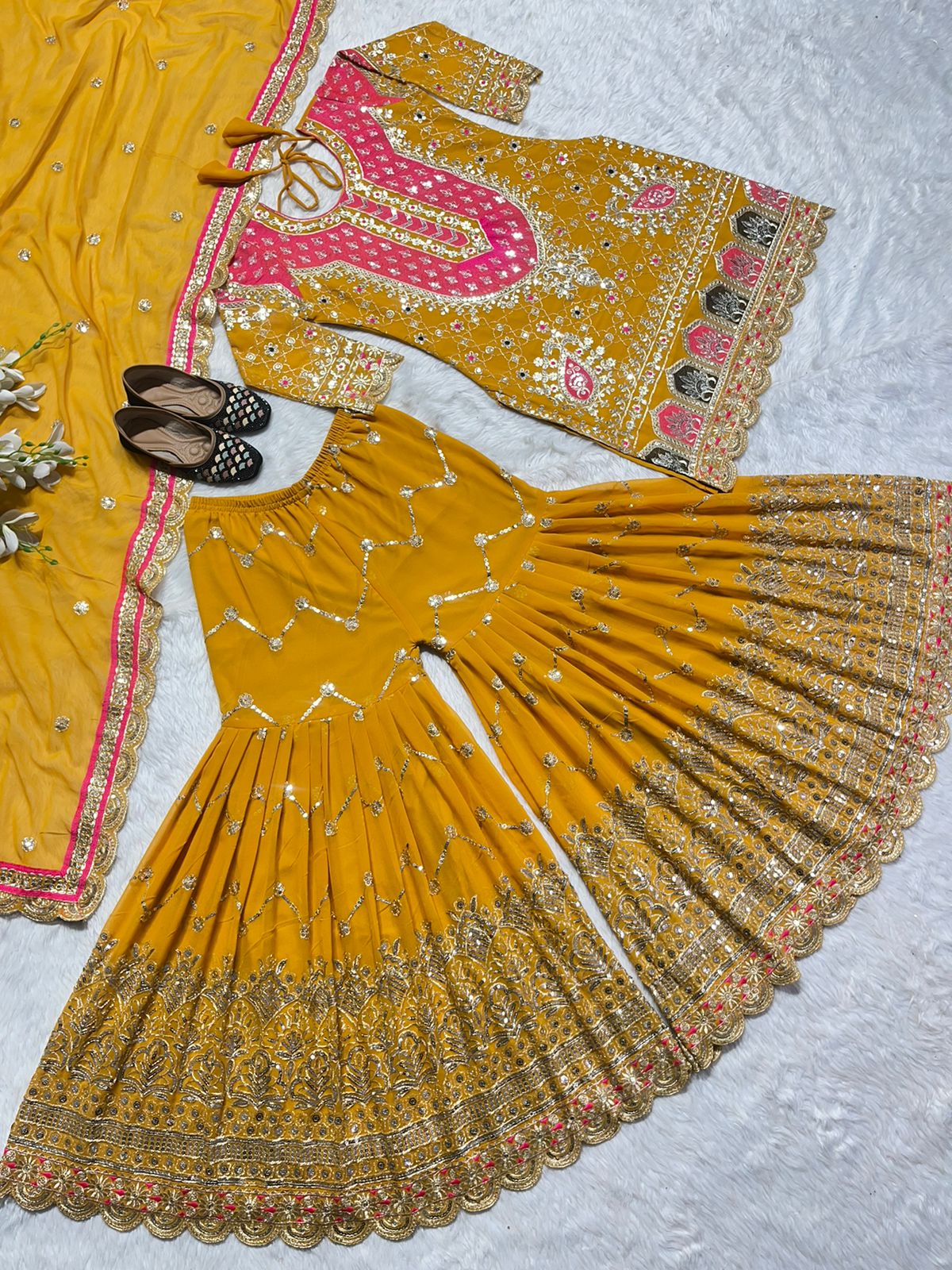 Admiring Mustard Color Georgette Embroidered Work Sharara Suit