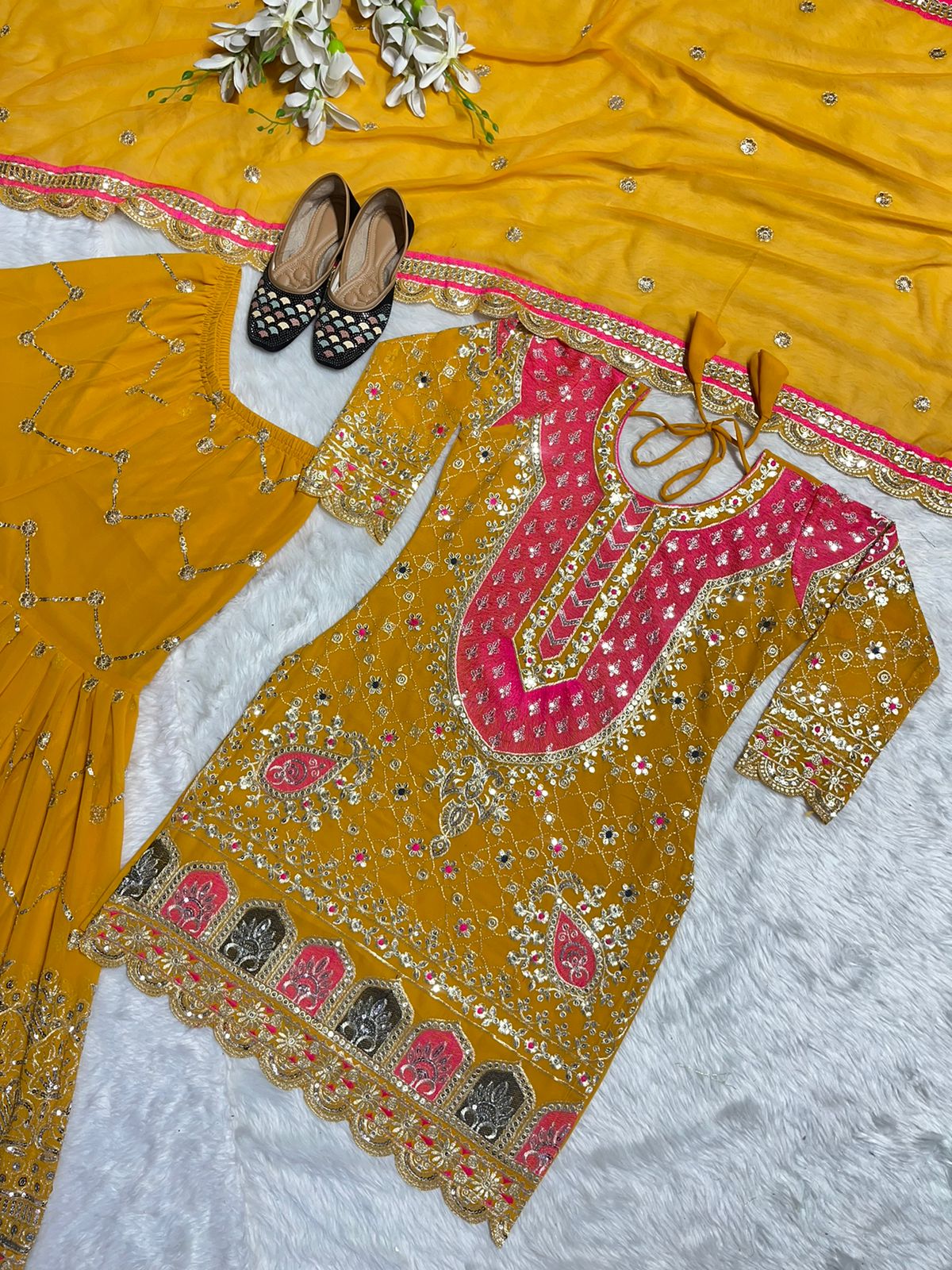 Admiring Mustard Color Georgette Embroidered Work Sharara Suit