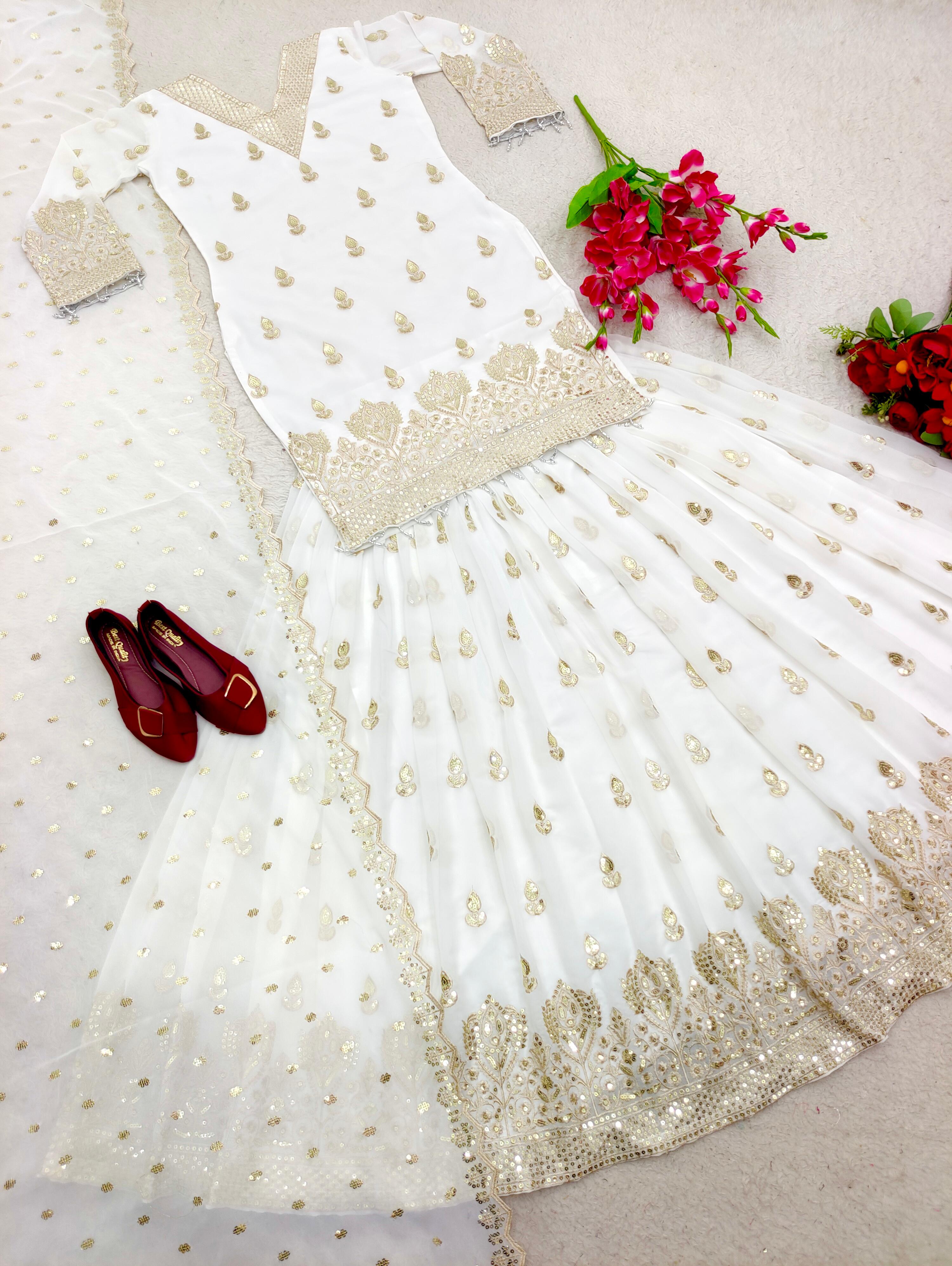 Wedding Wear Embroidery Work White Color Lehenga With Top