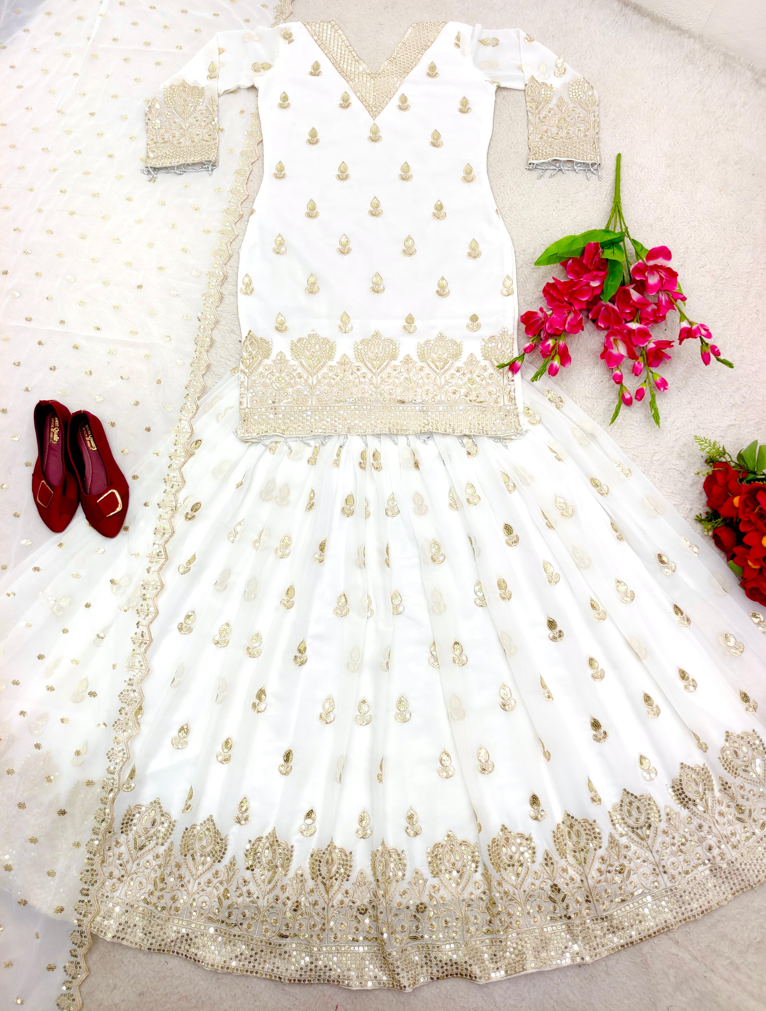 Wedding Wear Embroidery Work White Color Lehenga With Top