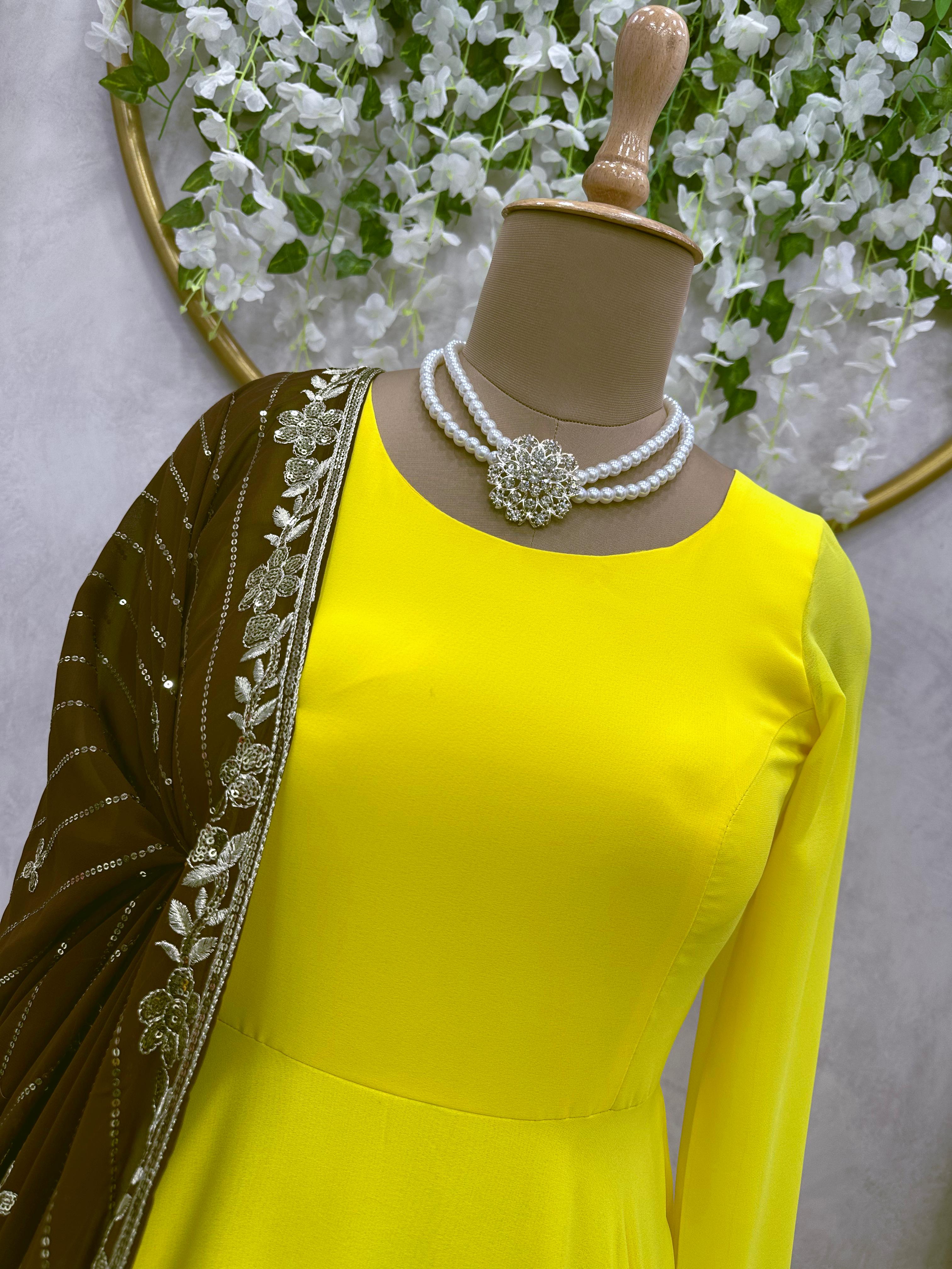 Amazing Backside Dori Pattern Yellow Gown With Brown Dupatta