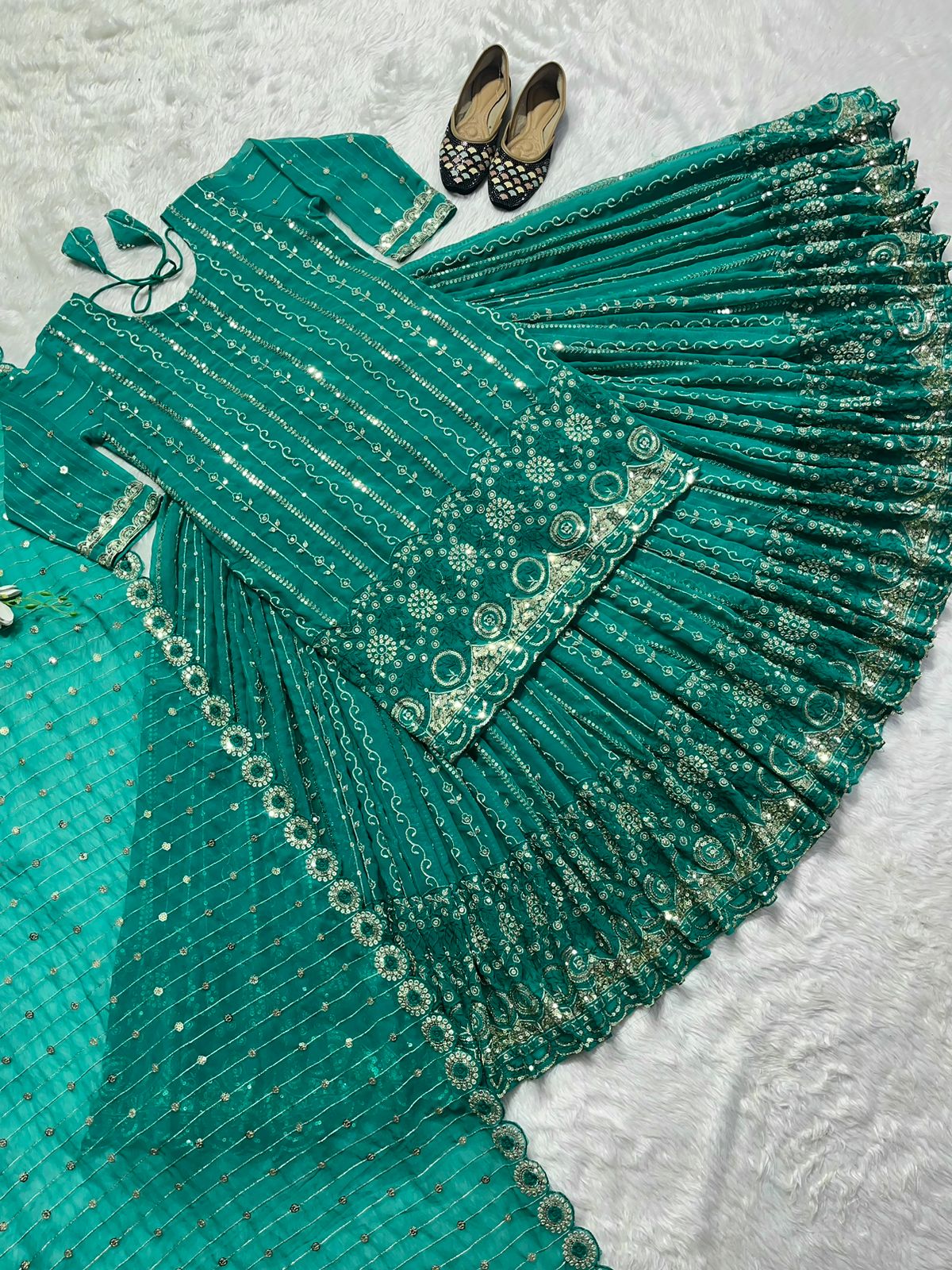Fancy Aqua Green Sequence Multi Work Lehenga Suit