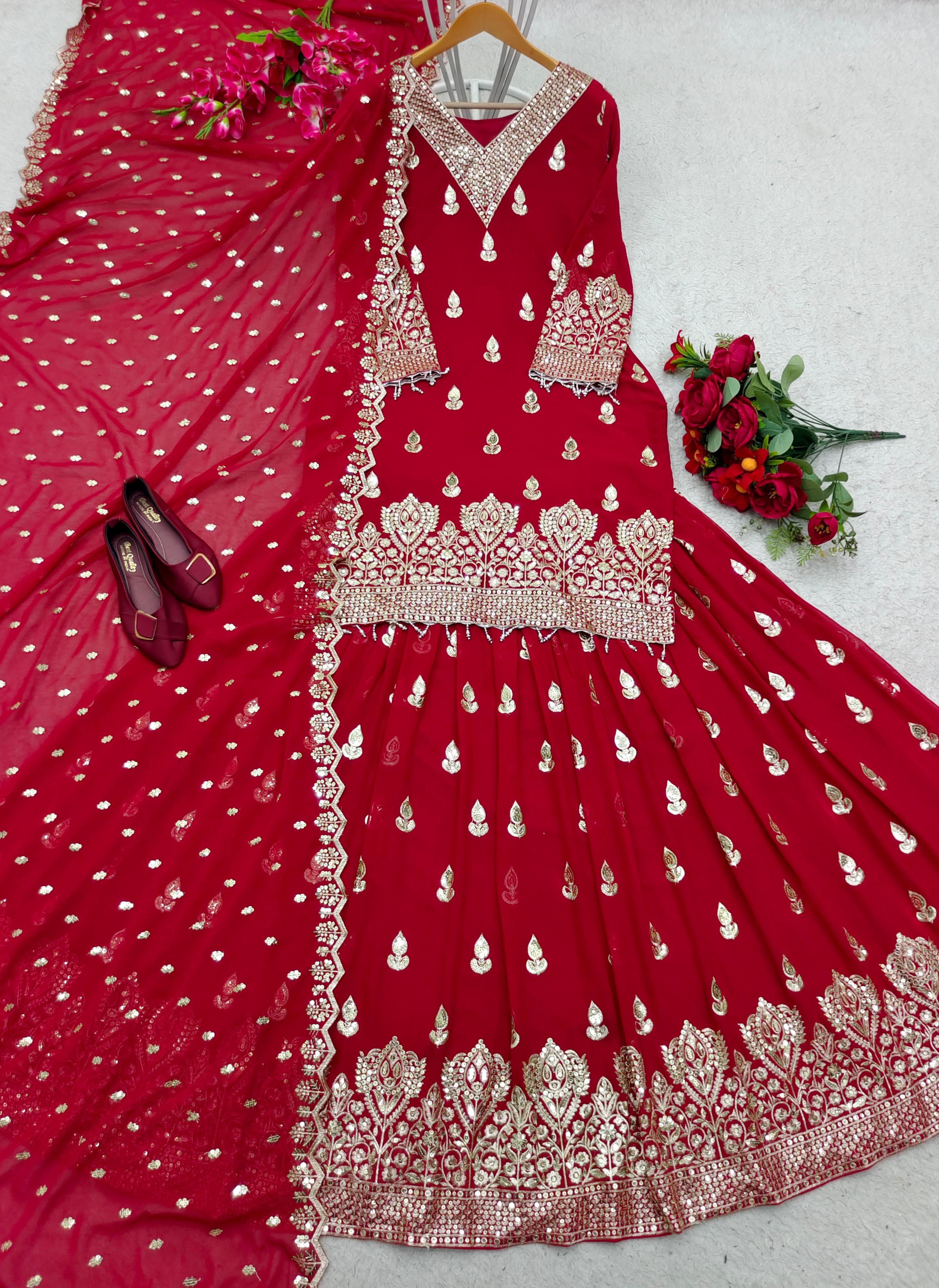 Party Wear Embroidery Work Red Color Lehenga With Top