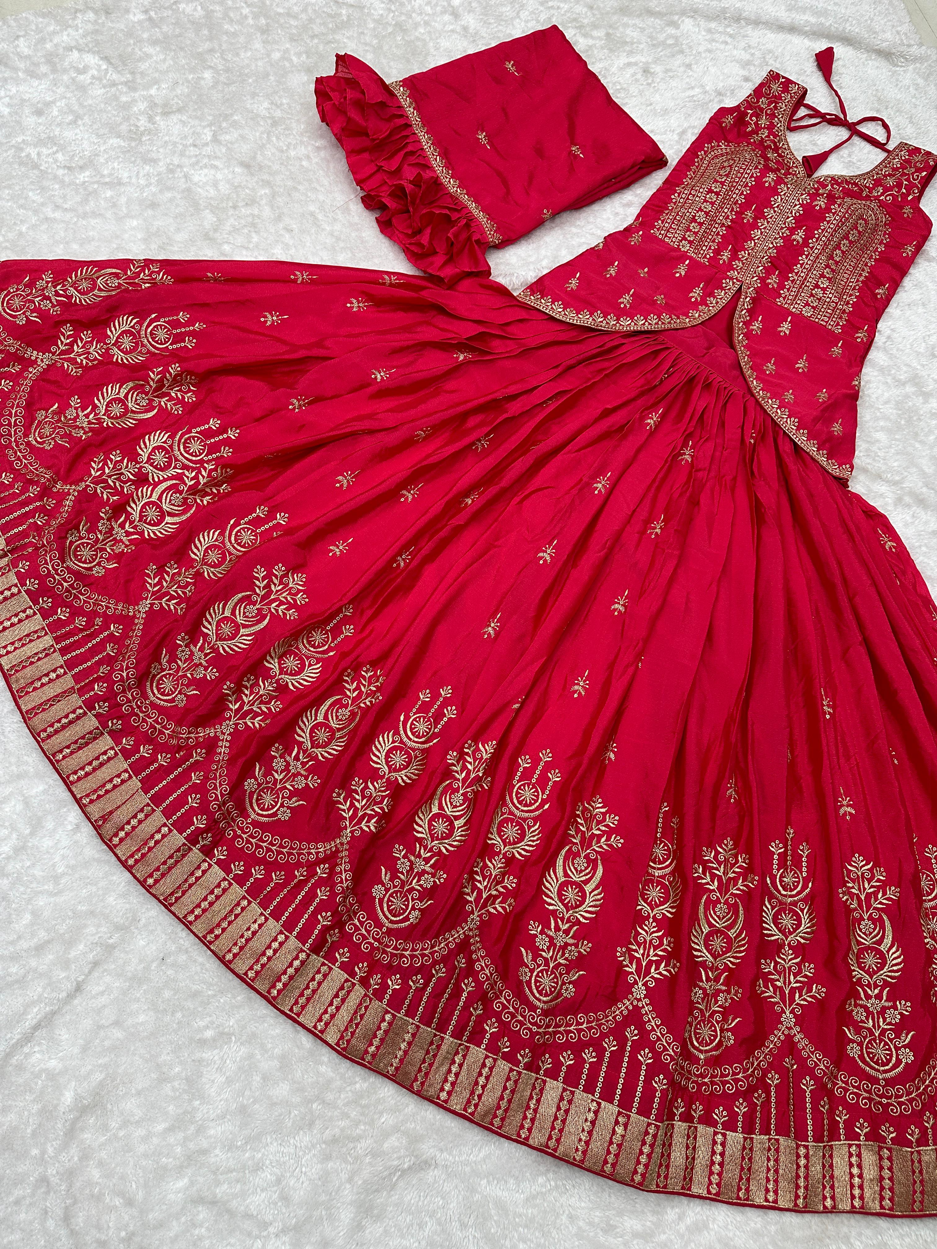 Party Wear Pink Color Embroidery Work Crop Top With Lehenga