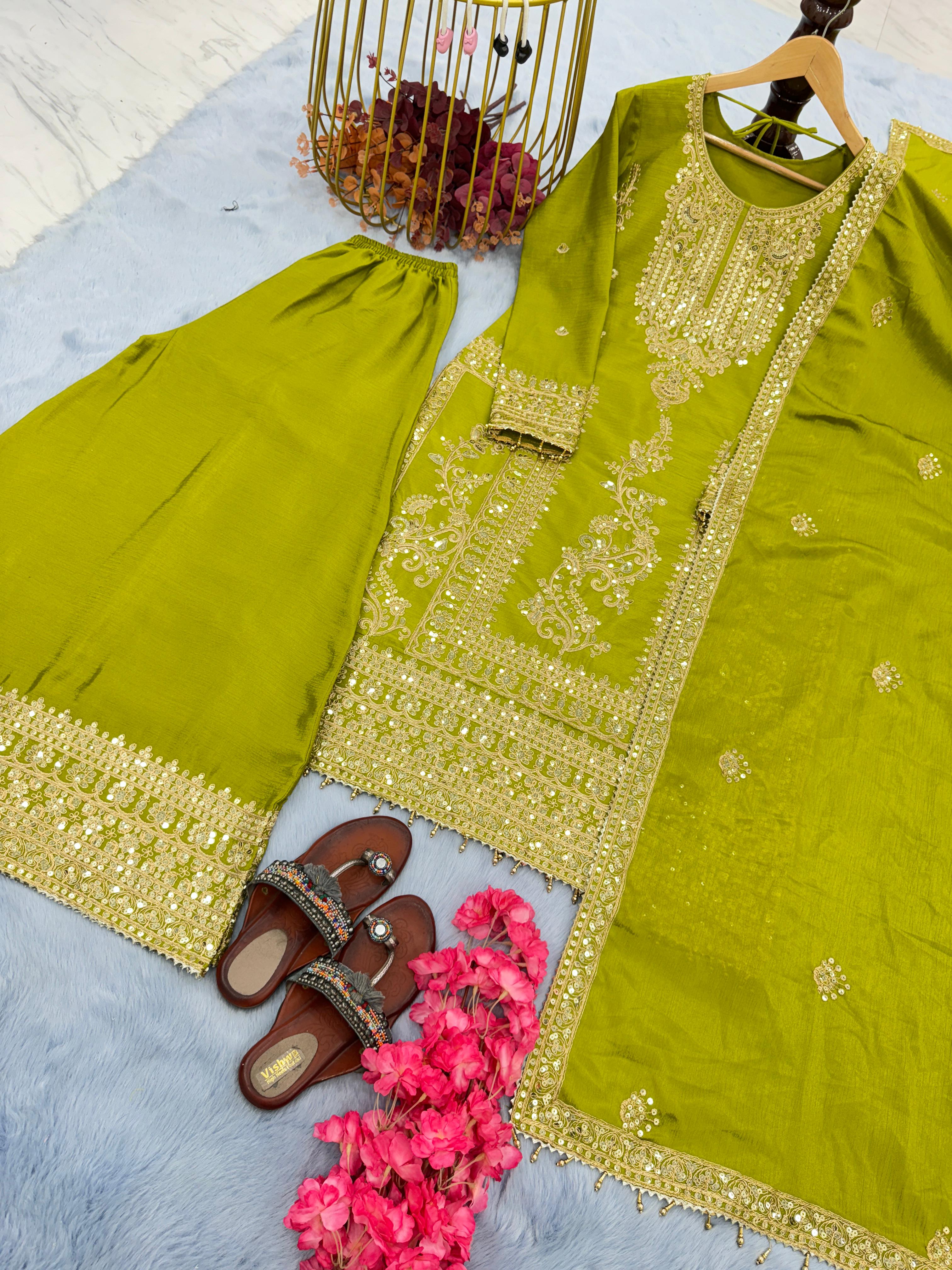 Georgette Silk With Embroidery Work Green Sharara Suit