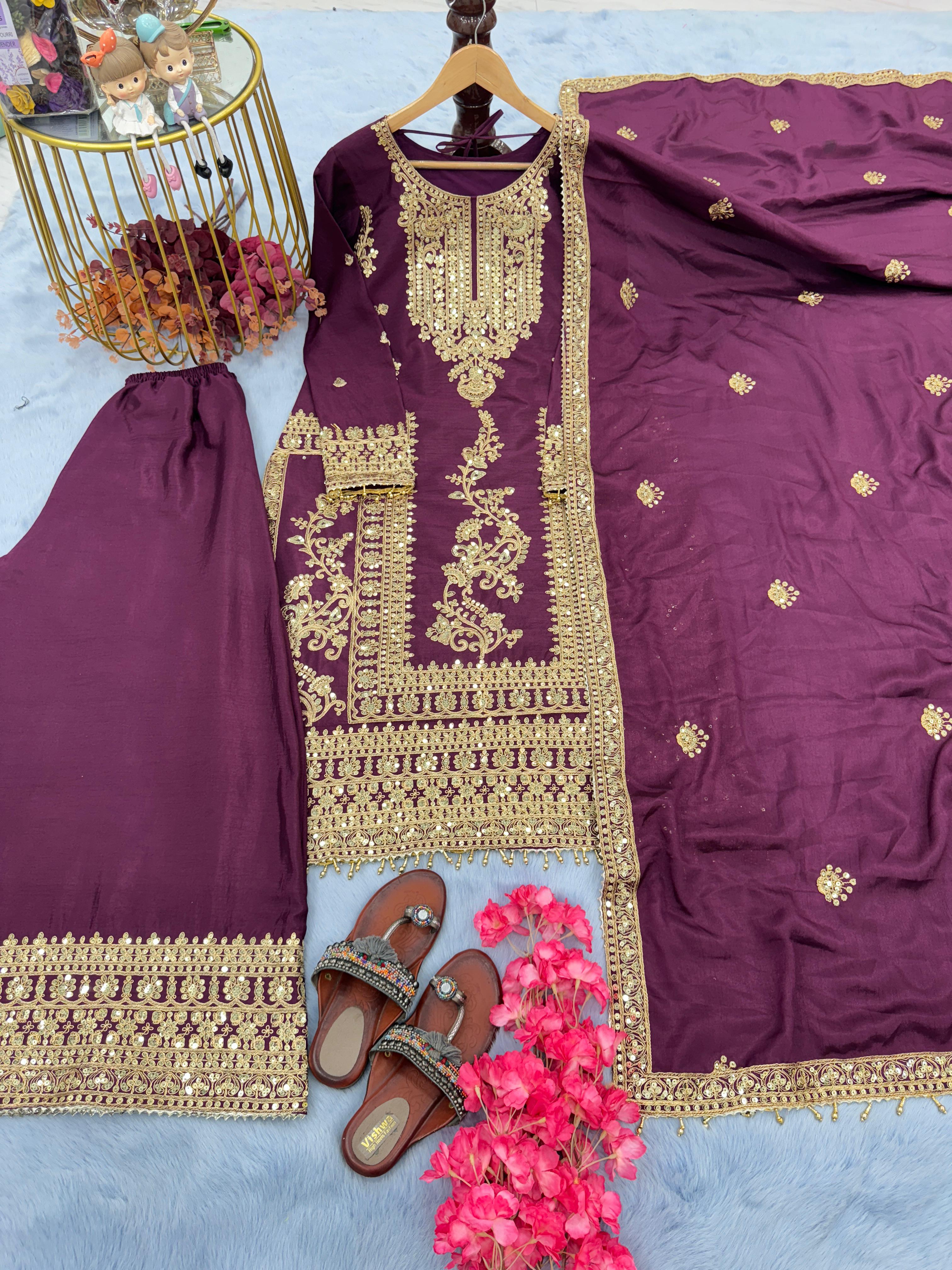 Georgette Silk With Embroidery Work Wine Sharara Suit