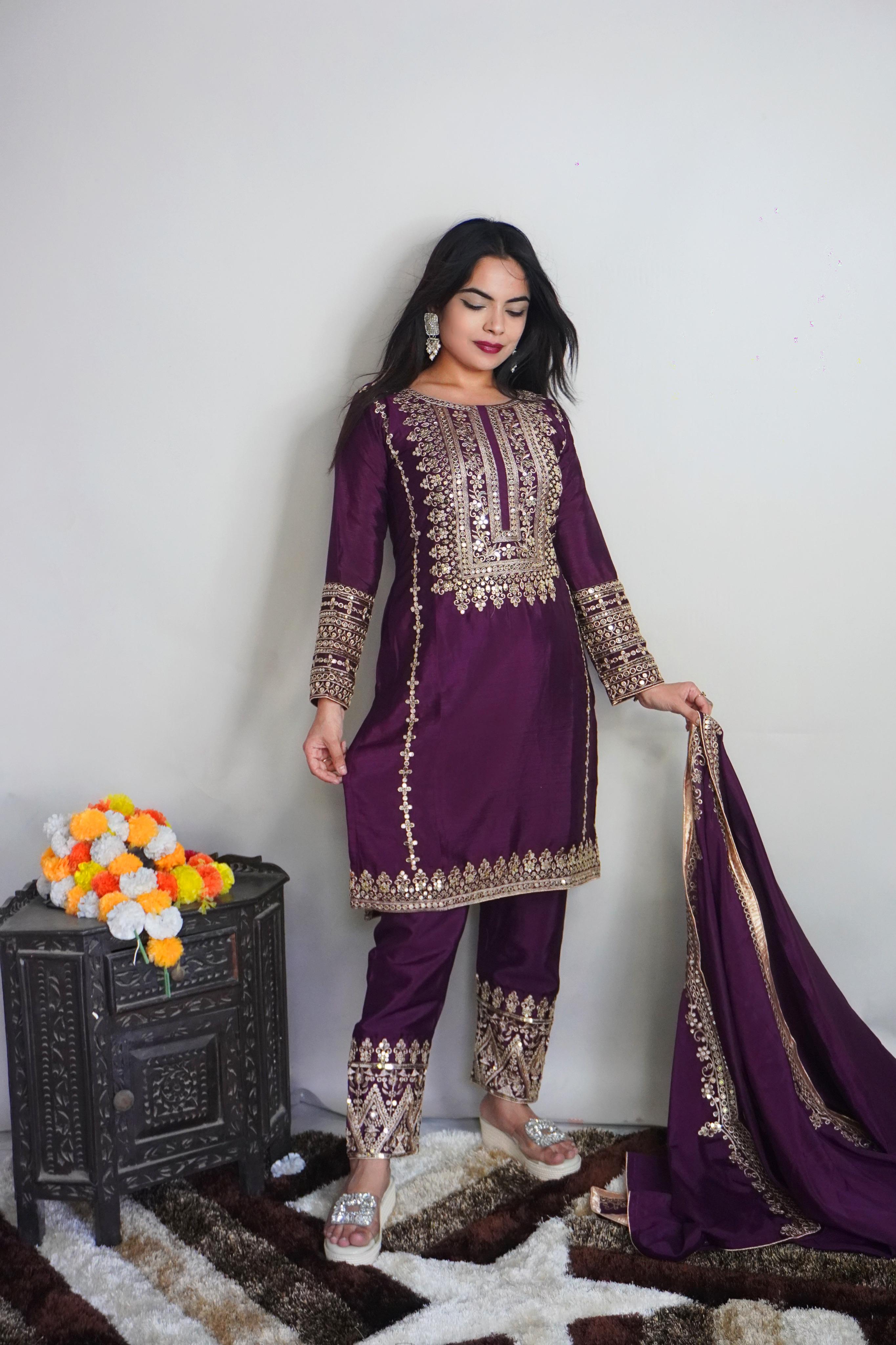 Exclusive Full Sleeve With Work Wine Color Salwar Suit