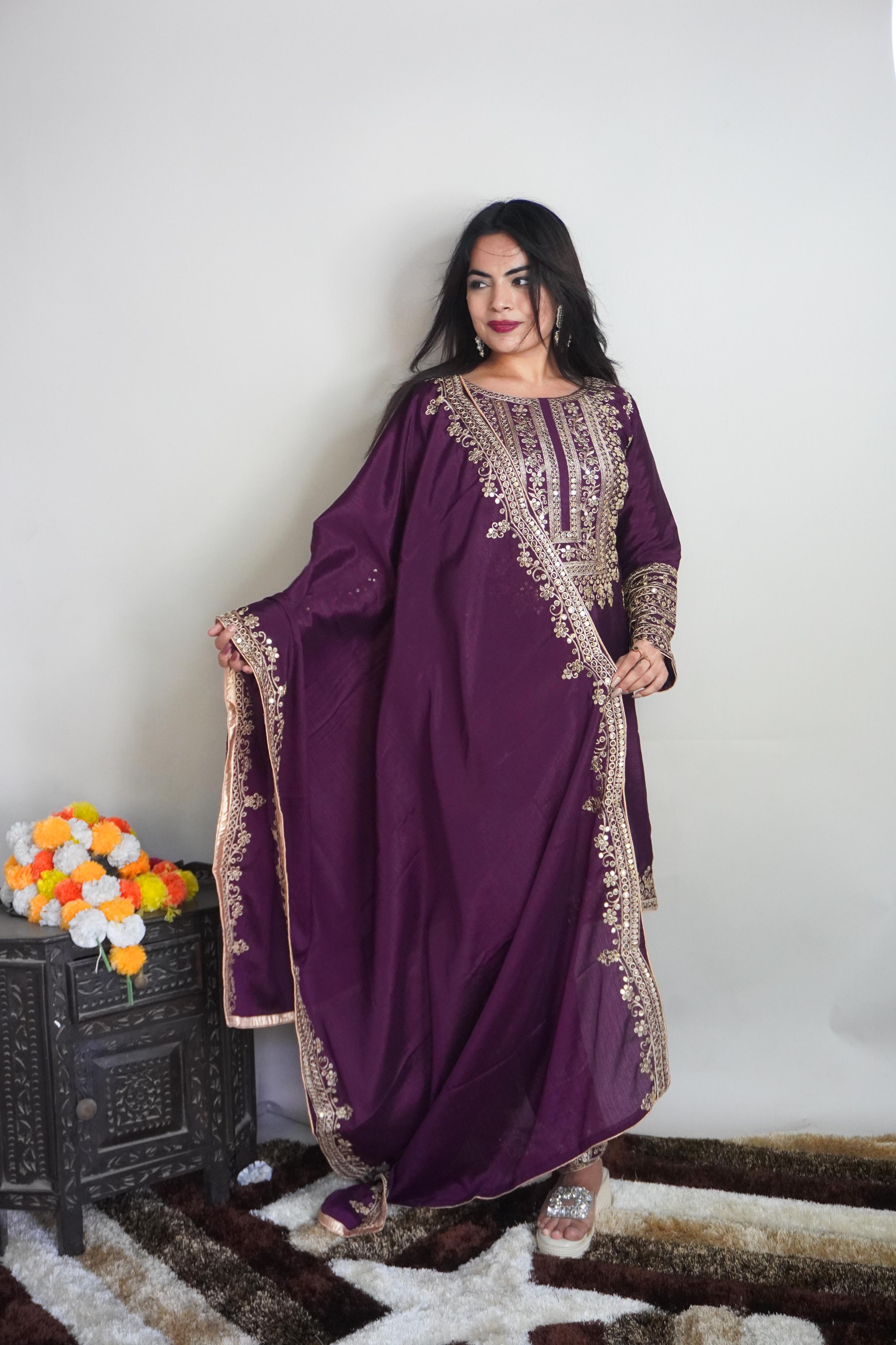 Exclusive Full Sleeve With Work Wine Color Salwar Suit