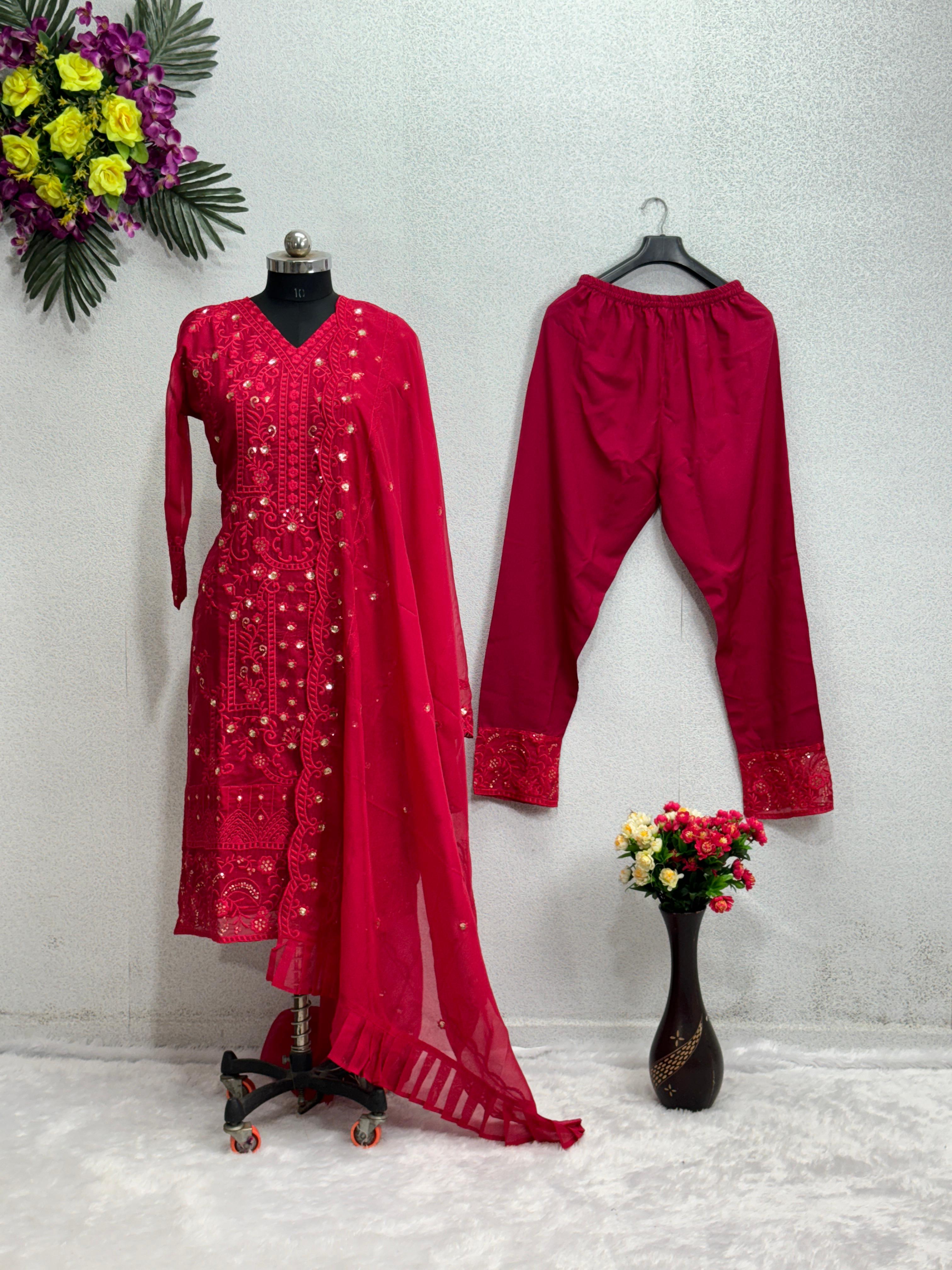 Red Color Embroidery Sequences Work Kurti Set
