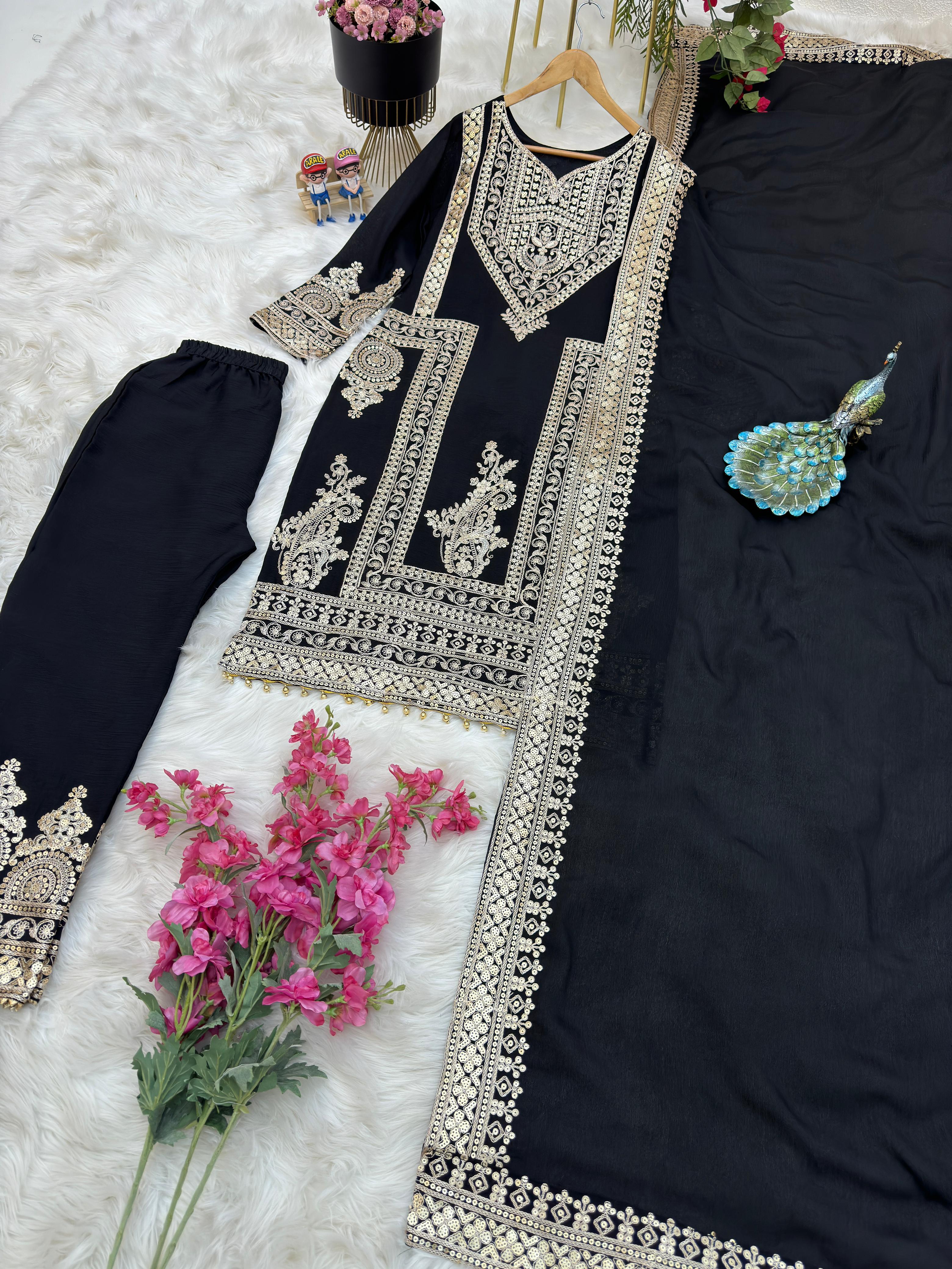 Sequence Embroidery Work Black Salwar Suit
