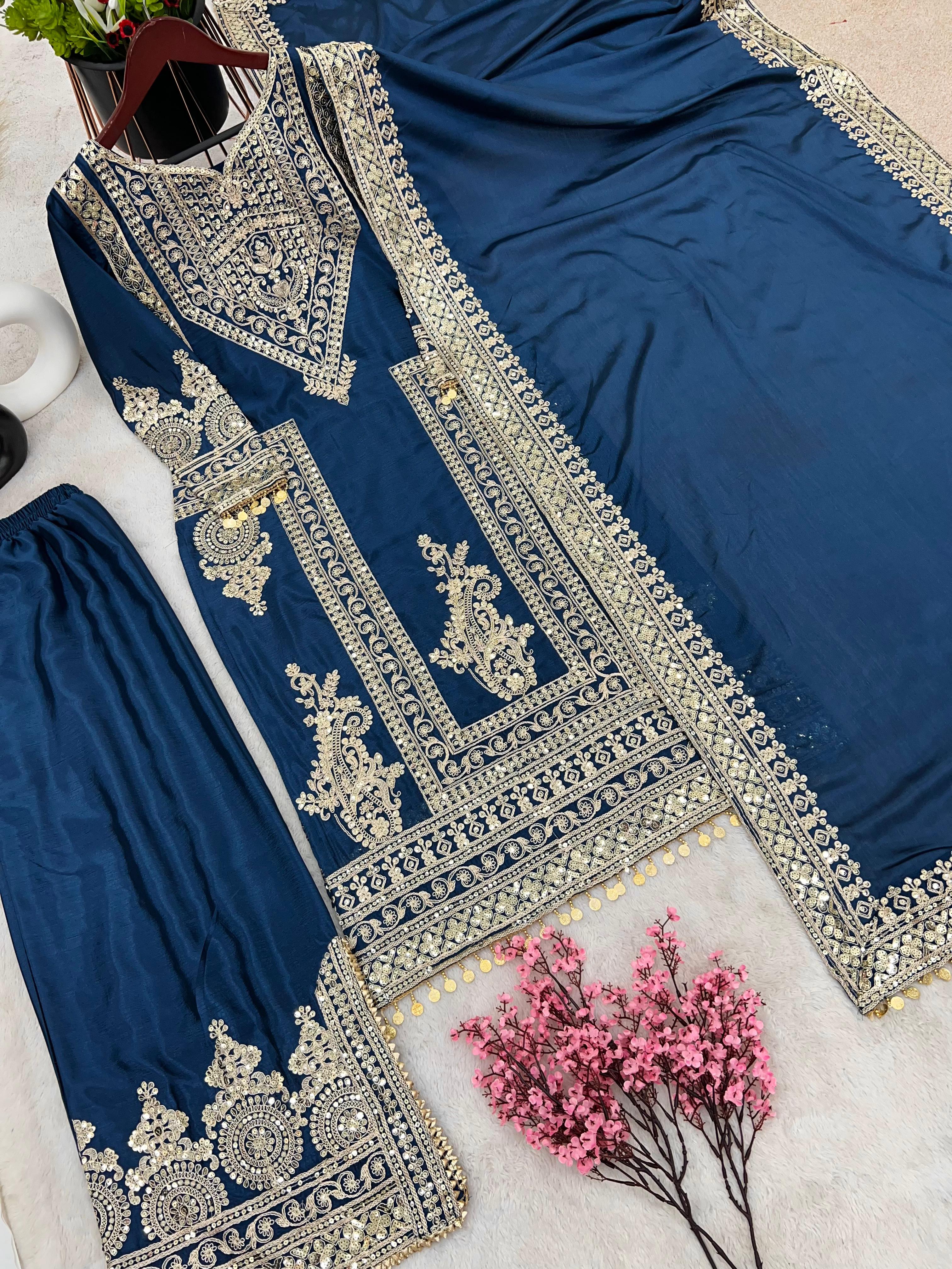 Innovative Teal Blue Color Embroidery Work Palazzo Suit