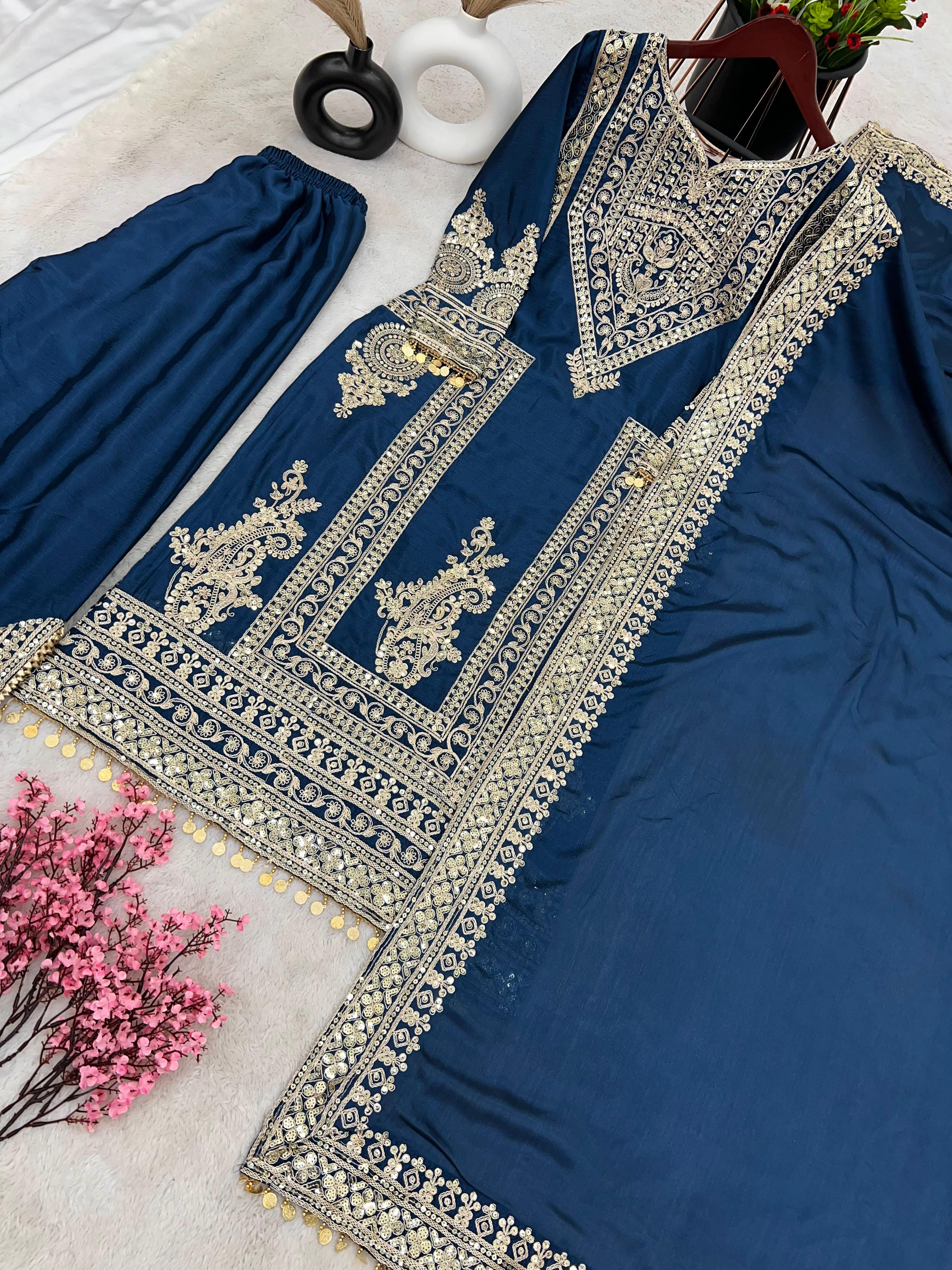 Innovative Teal Blue Color Embroidery Work Palazzo Suit
