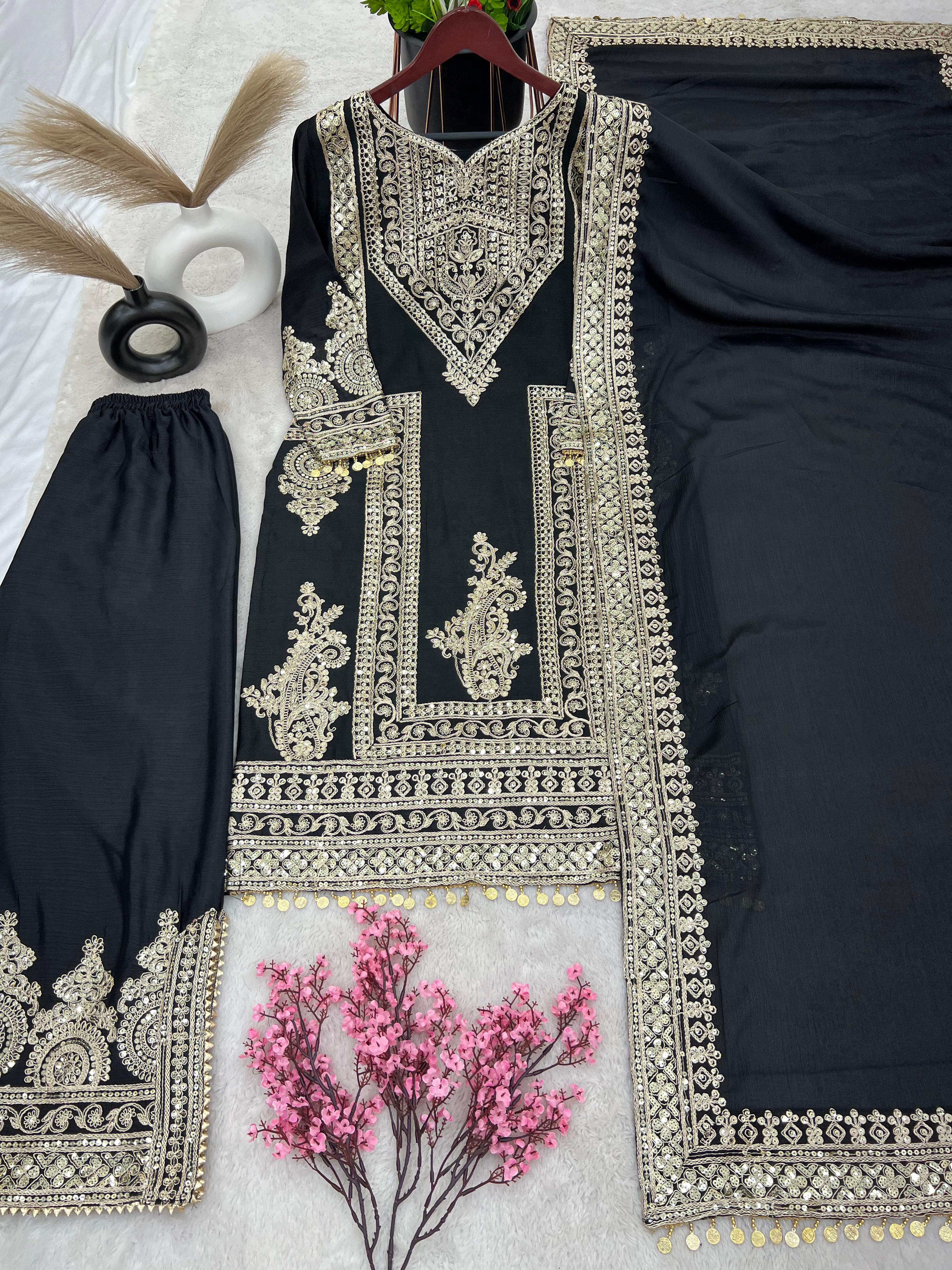 Innovative Black Color Embroidery Work Palazzo Suit