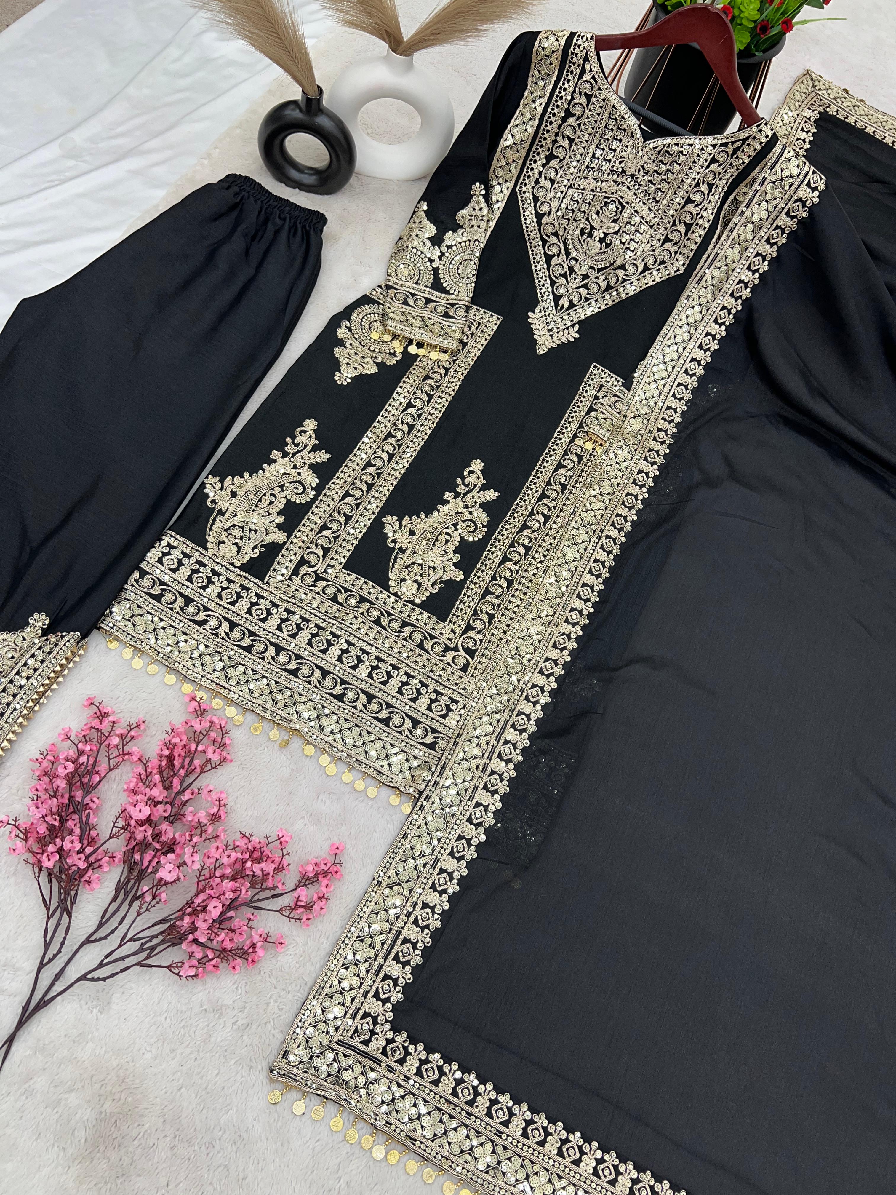 Innovative Black Color Embroidery Work Palazzo Suit
