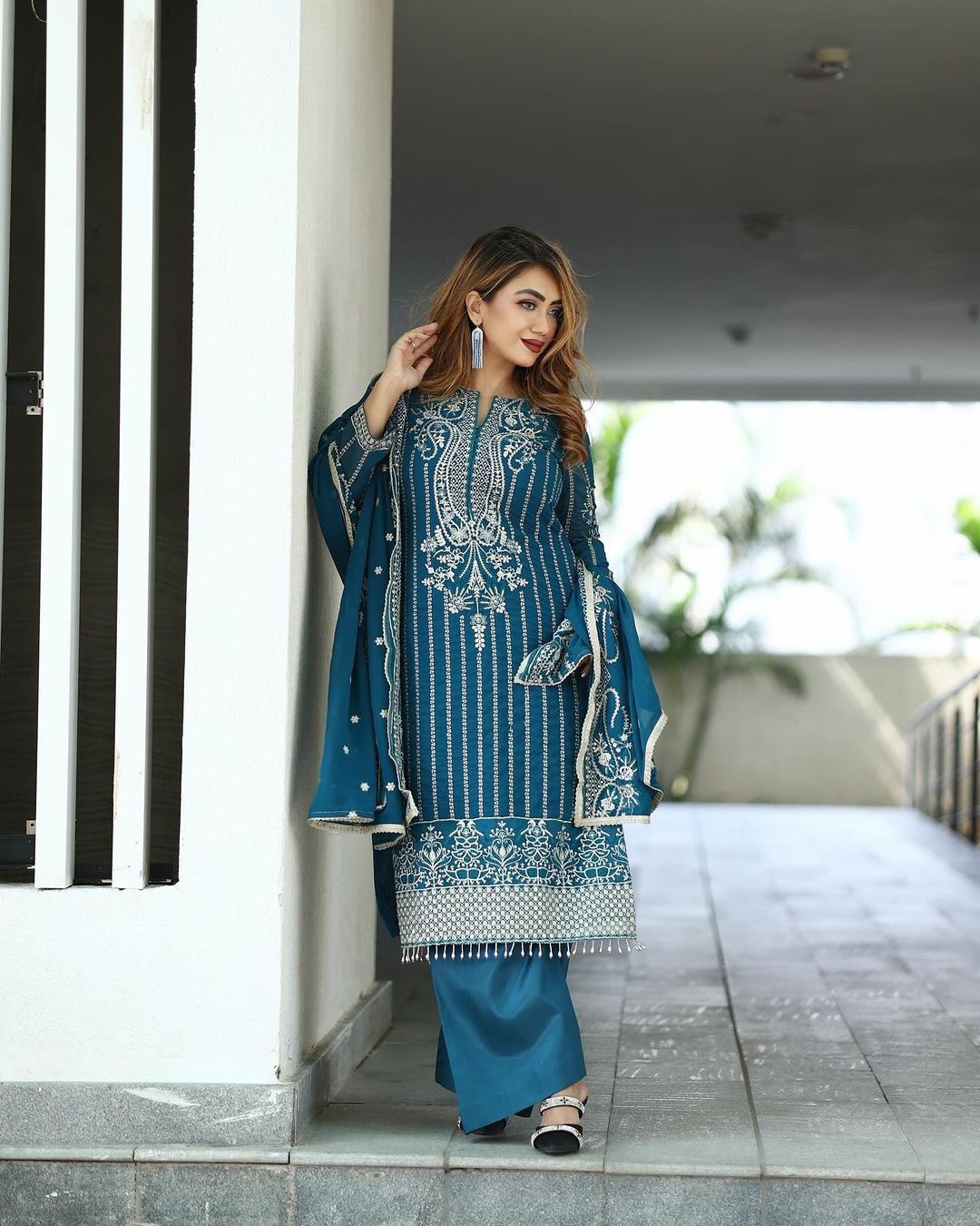Lovely Teal Blue Color Palazzo suit With Heavy Embroidery Work