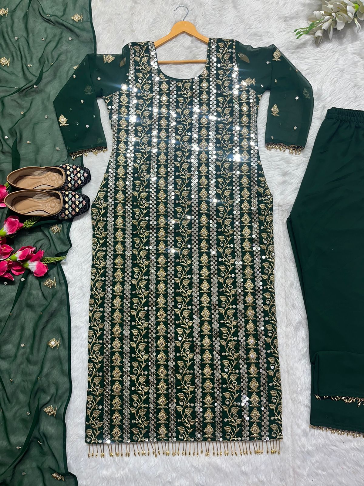 Glimmering Embroidery Work Green Georgette Salwar Suit