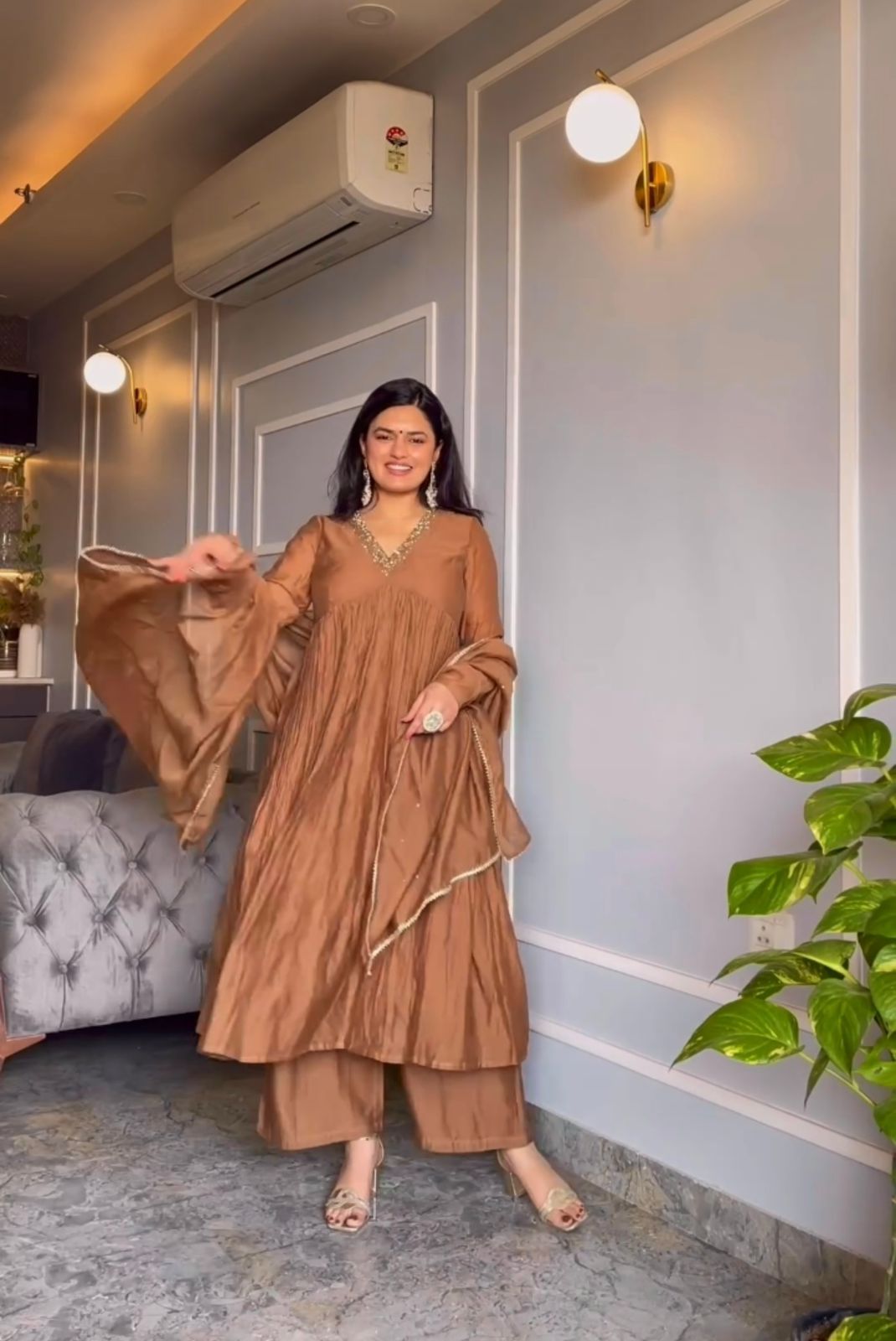 Classic Light Brown Full Sleeved Crushed Anarkali Suit