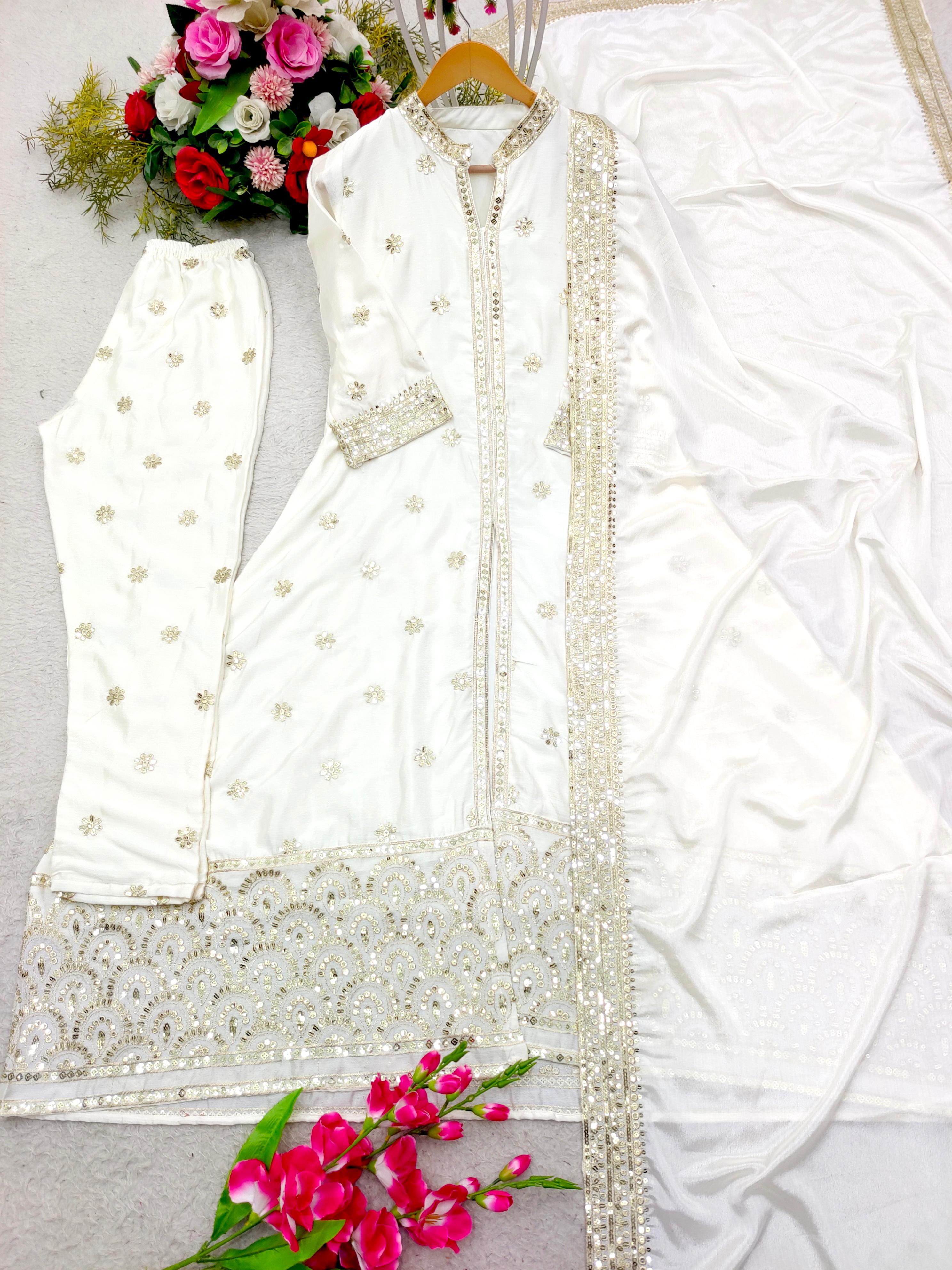 Amazing Sequence Embroidery Work White Anarkali Suit
