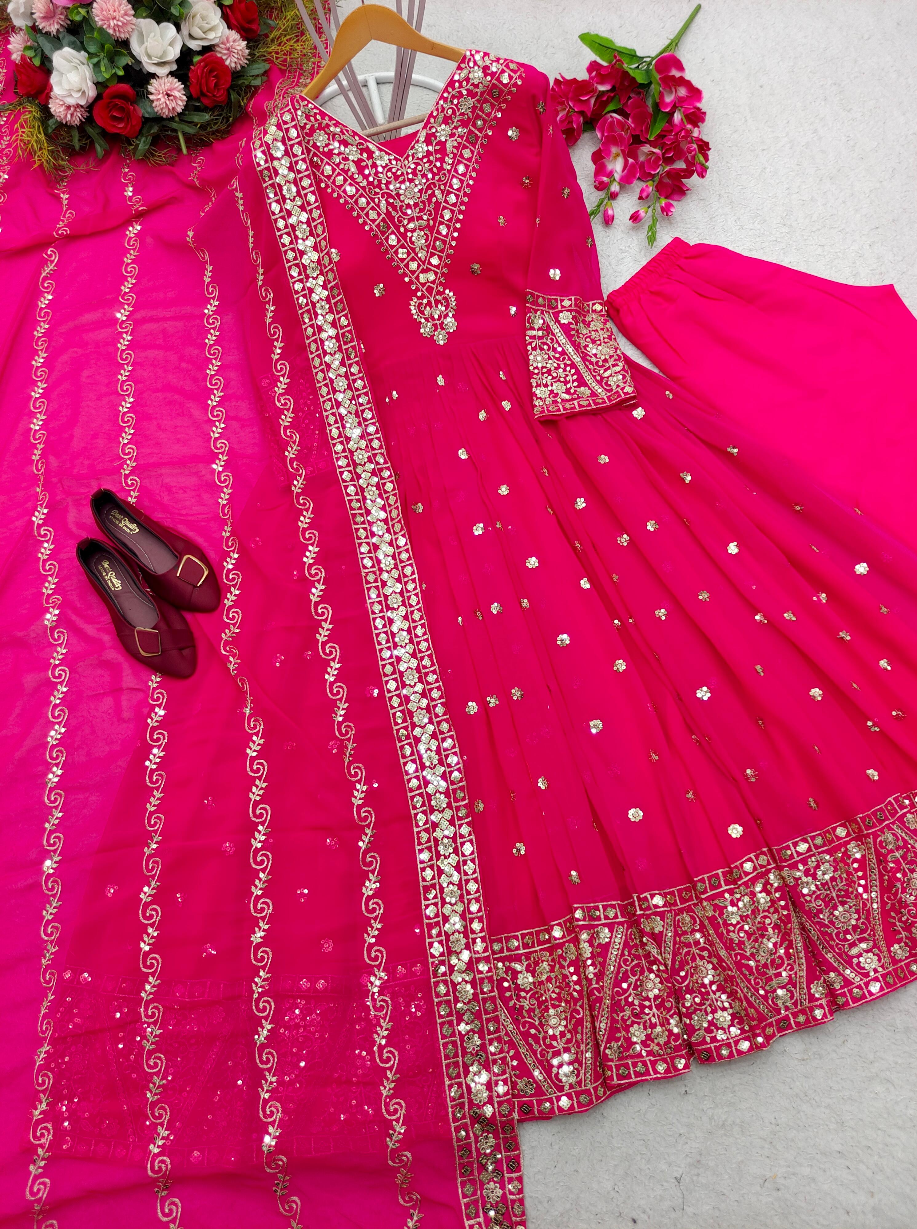 Full Stitched Sequence Work Pink Color Gown