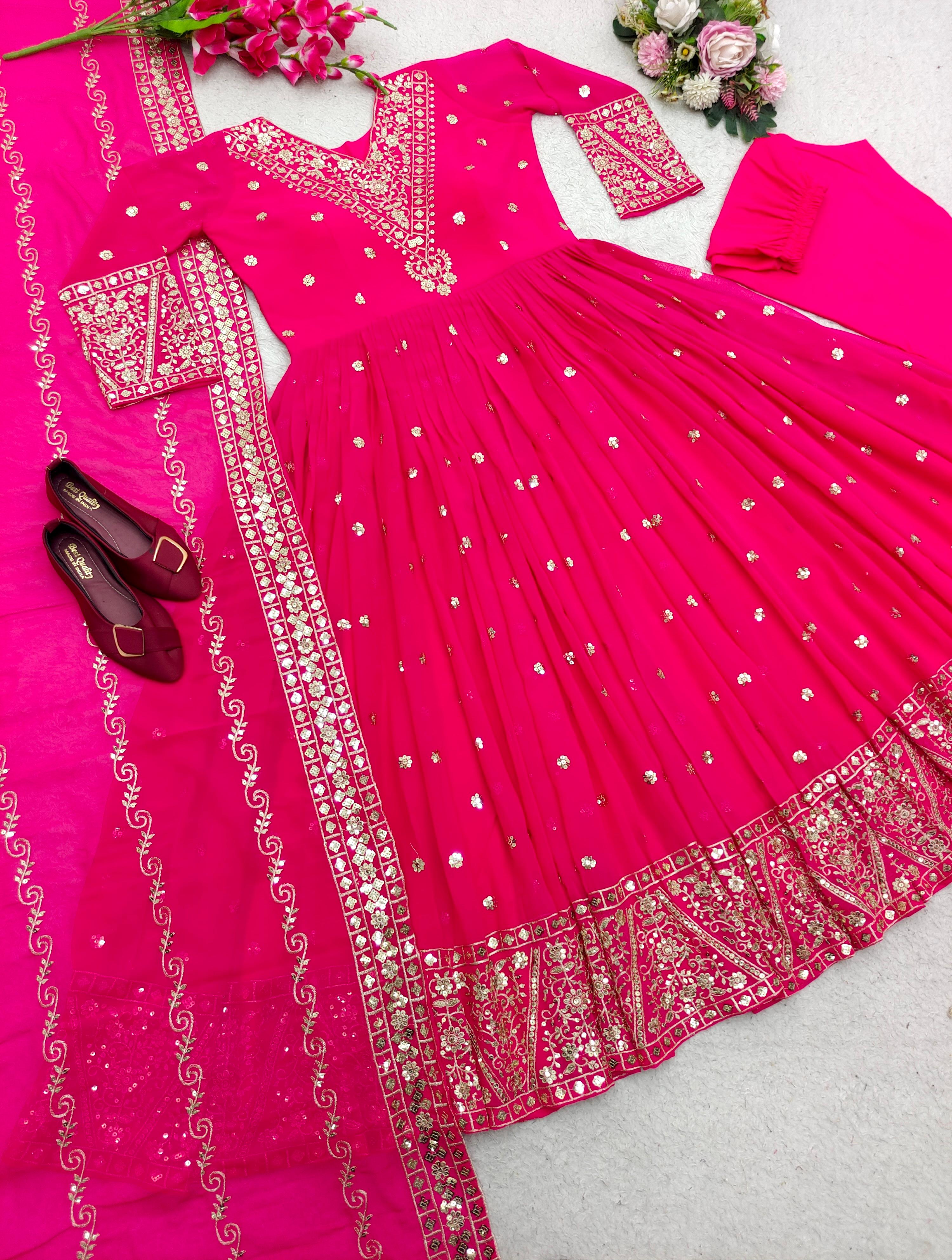 Full Stitched Sequence Work Pink Color Gown