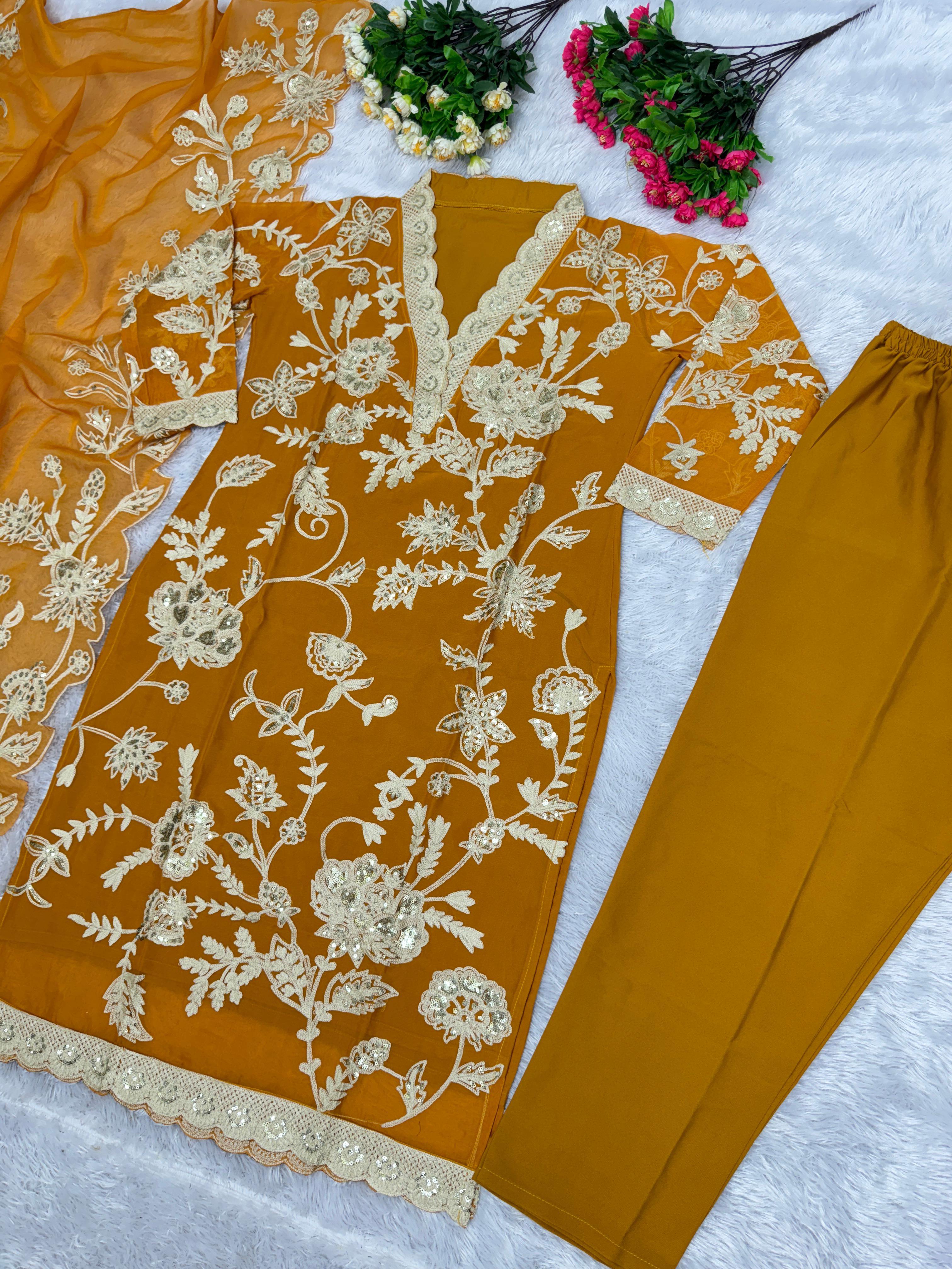Organza Mustard Color Chine Sequence Work Salwar Suit