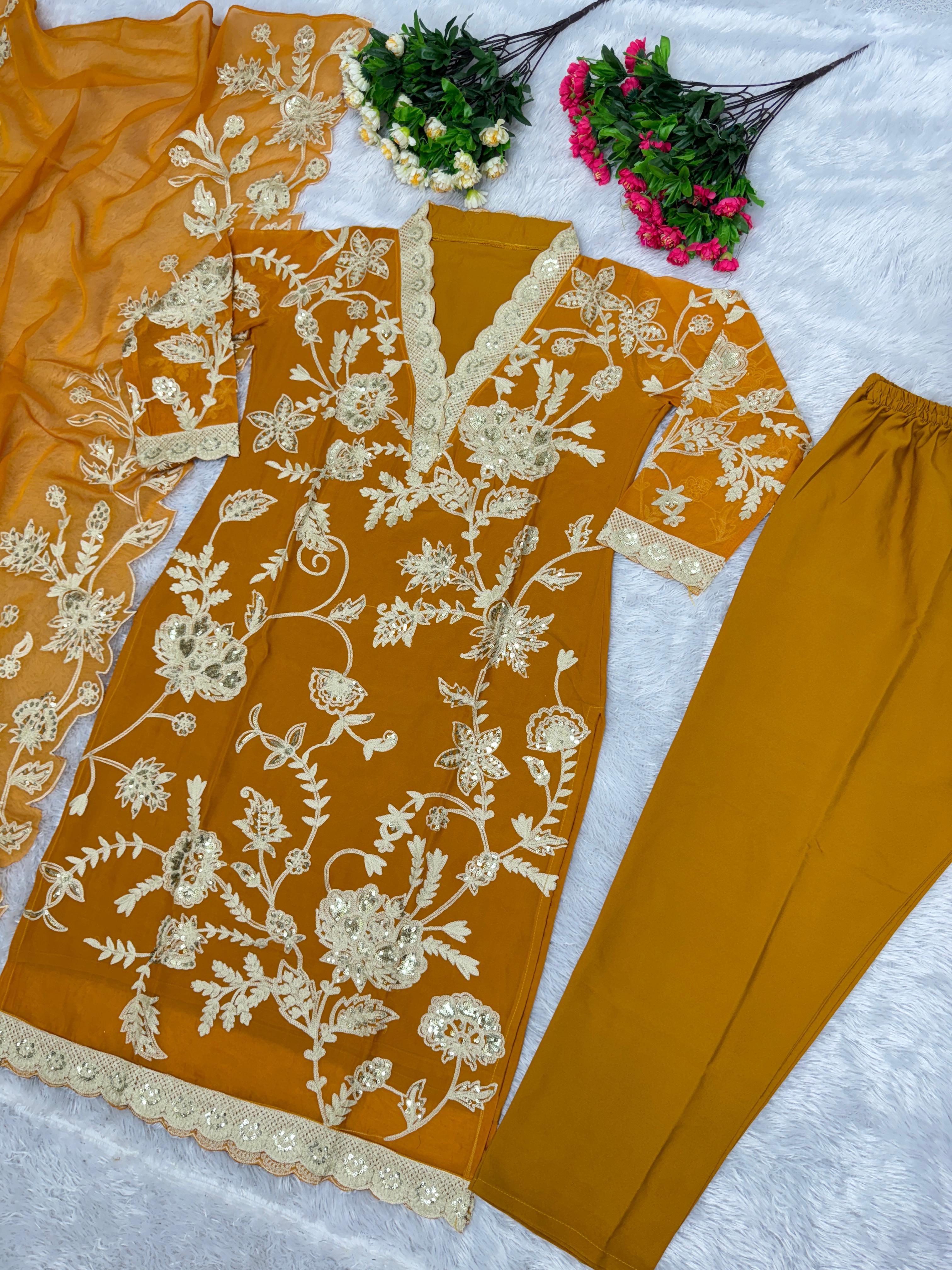 Organza Mustard Color Chine Sequence Work Salwar Suit