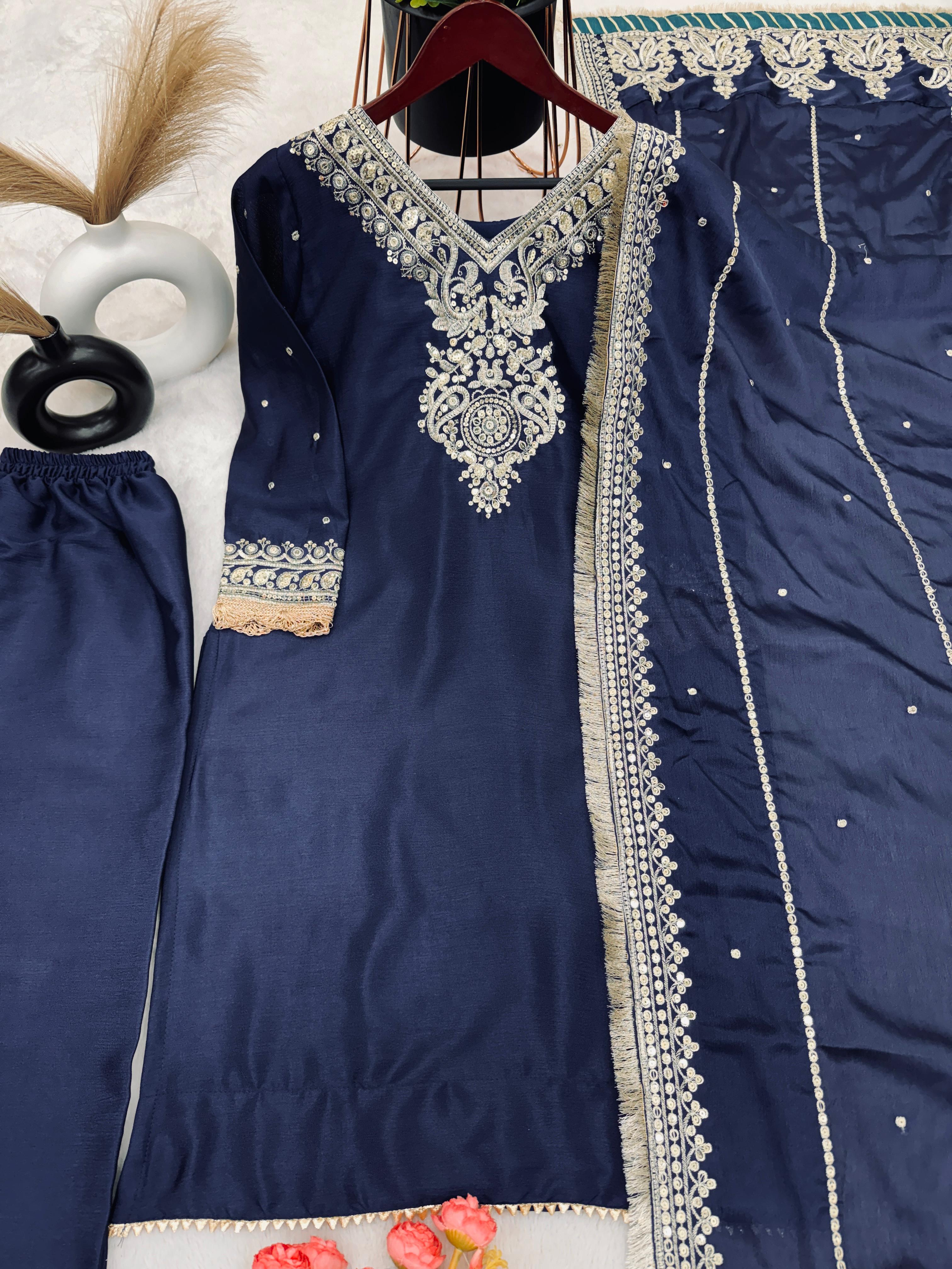 Navy Blue Color Function Wear Palazzo Suit
