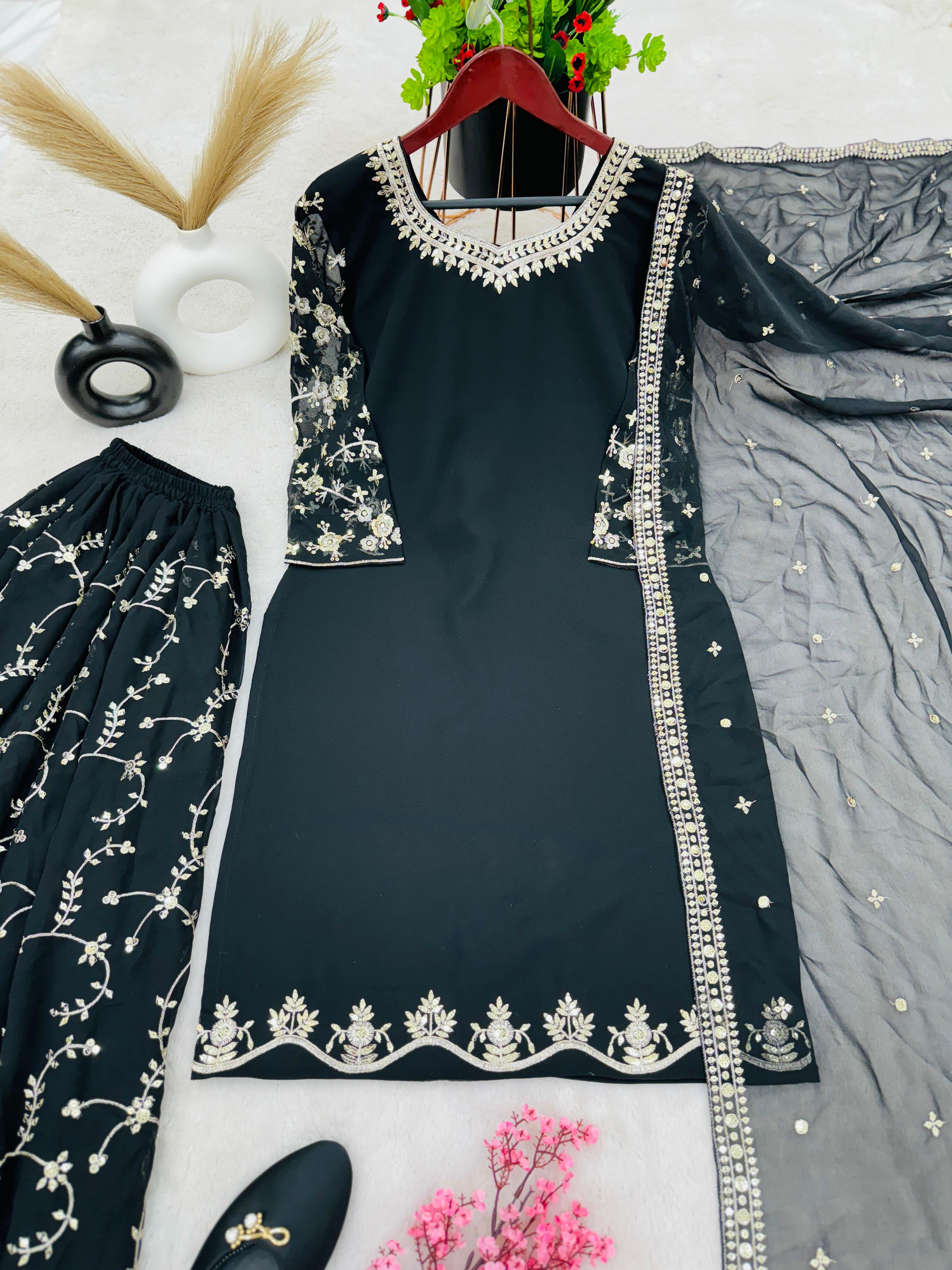Black Sequence With Embroidery Work Wedding Wear Sharara Suit