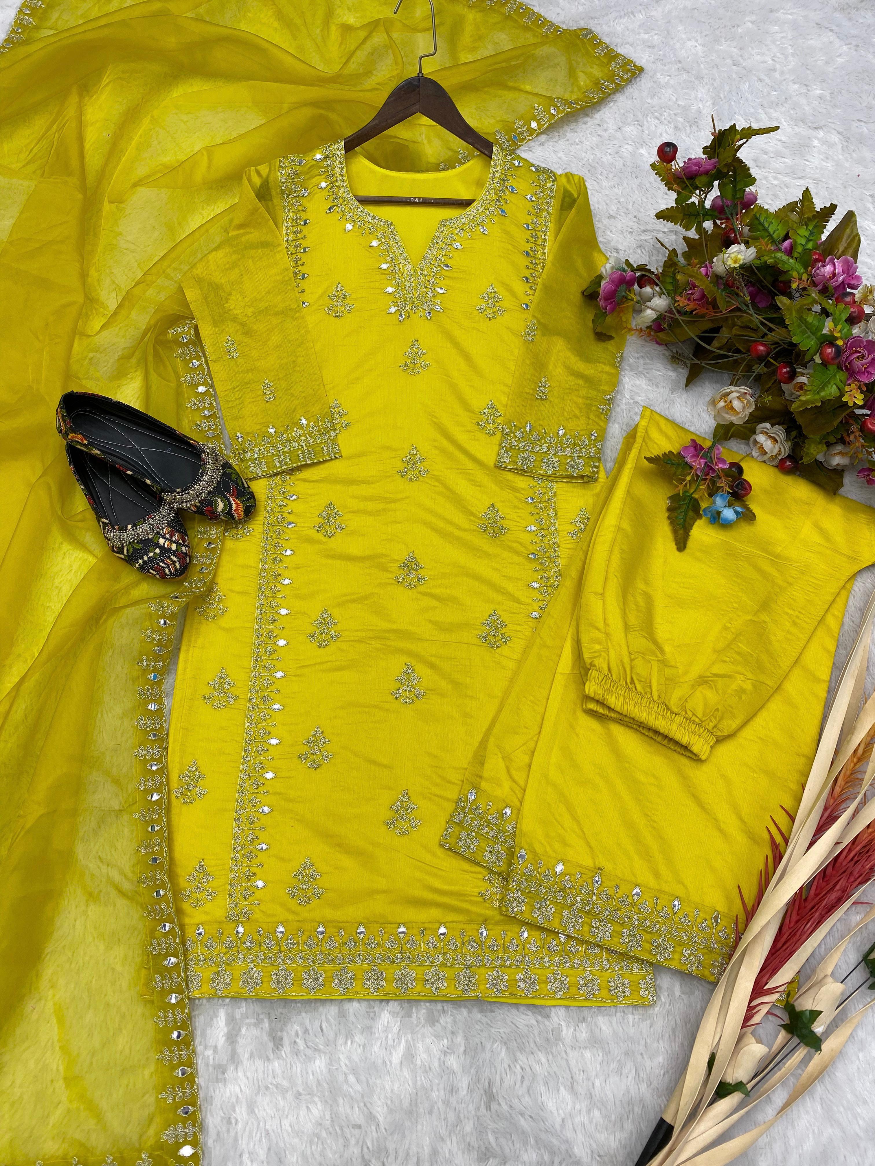 Bollywood Style Yellow Color Fancy Work Palazzo Suit