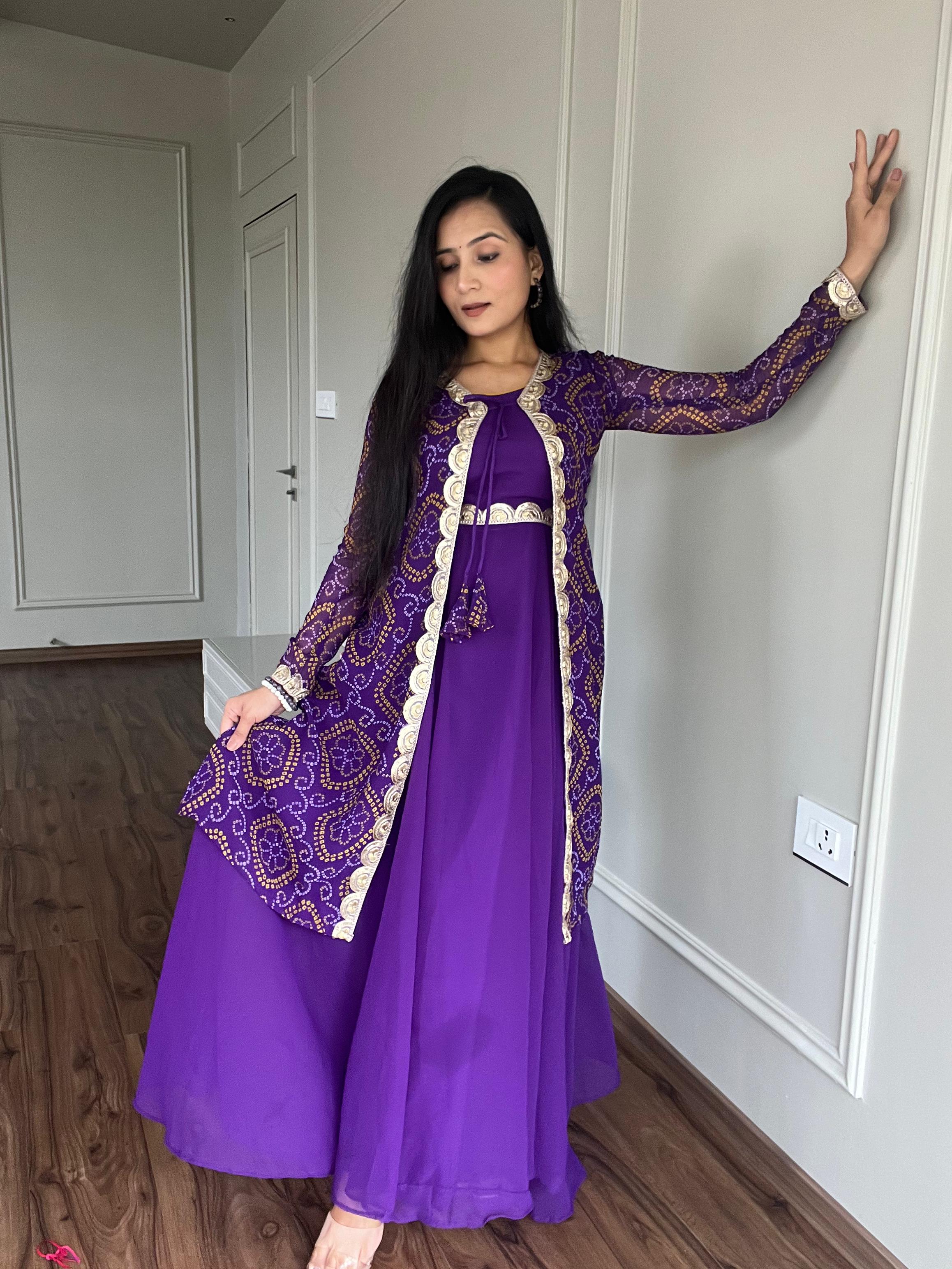 Beautiful Lace Work Purple Gown With Bandhej Shrug