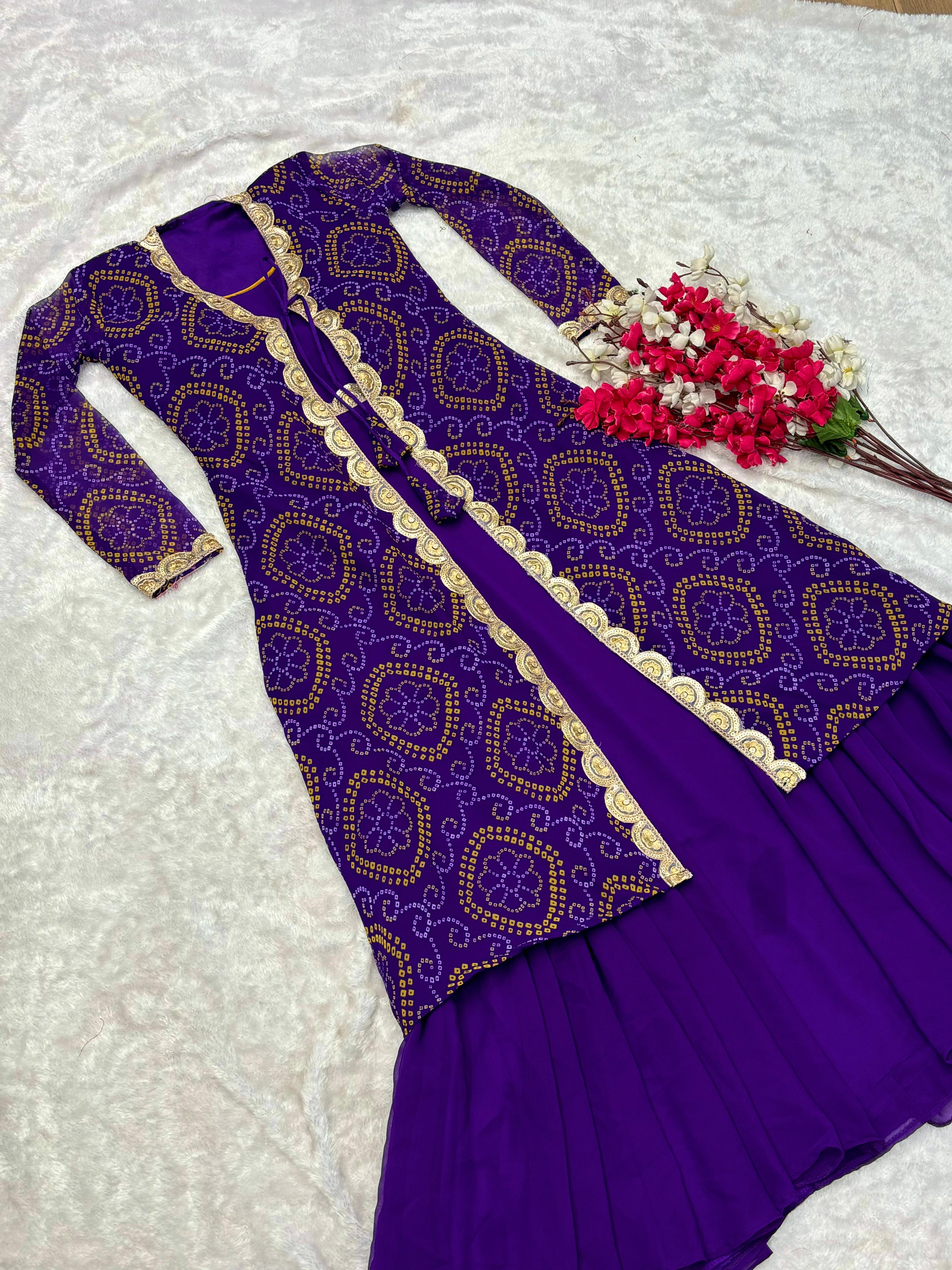 Beautiful Lace Work Purple Gown With Bandhej Shrug
