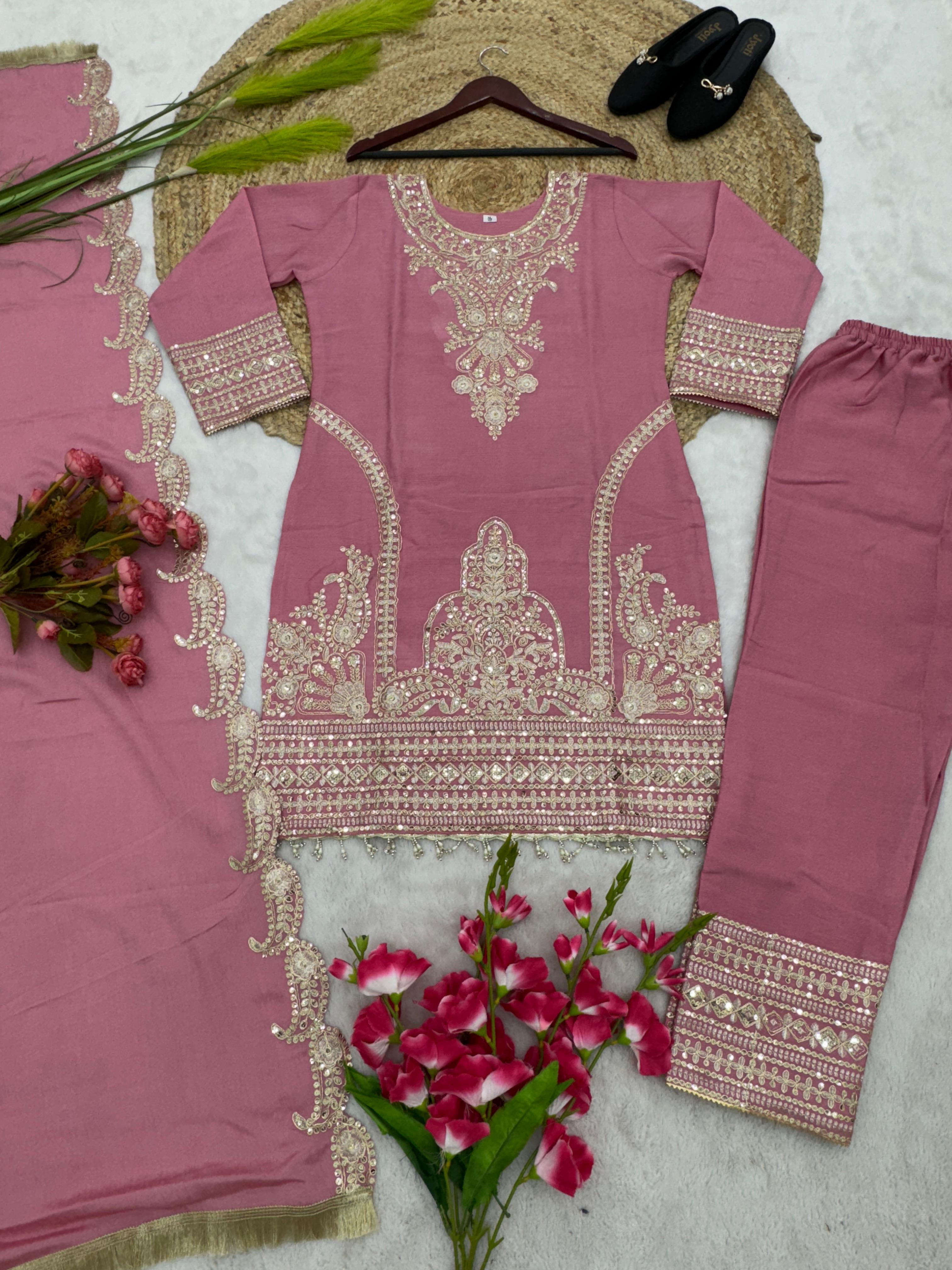Opulent Pink Color Full Sleeve Embroidery Work Salwar Suit