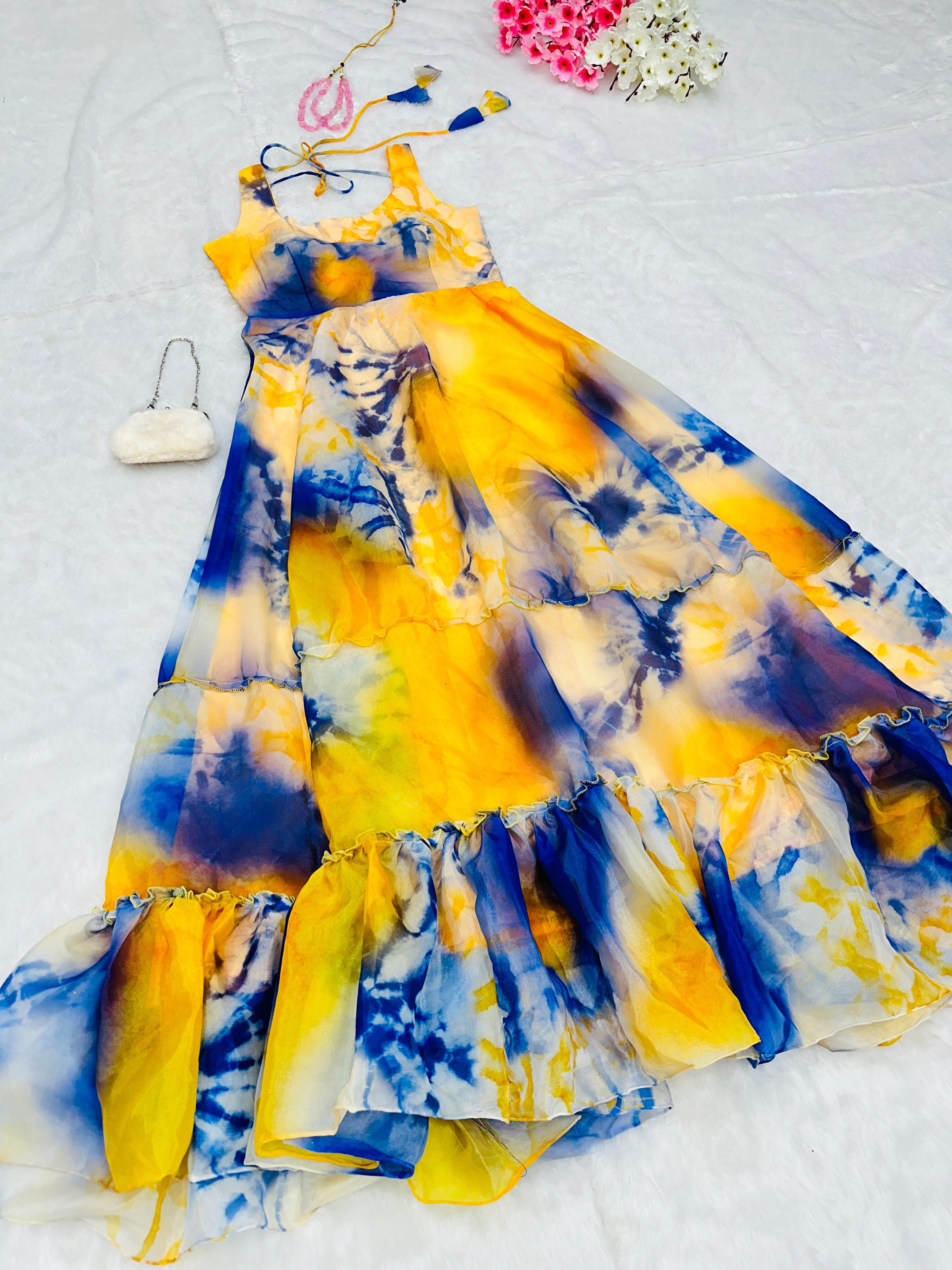 Organza Silk Digital Printed Yellow And Blue Color Gown