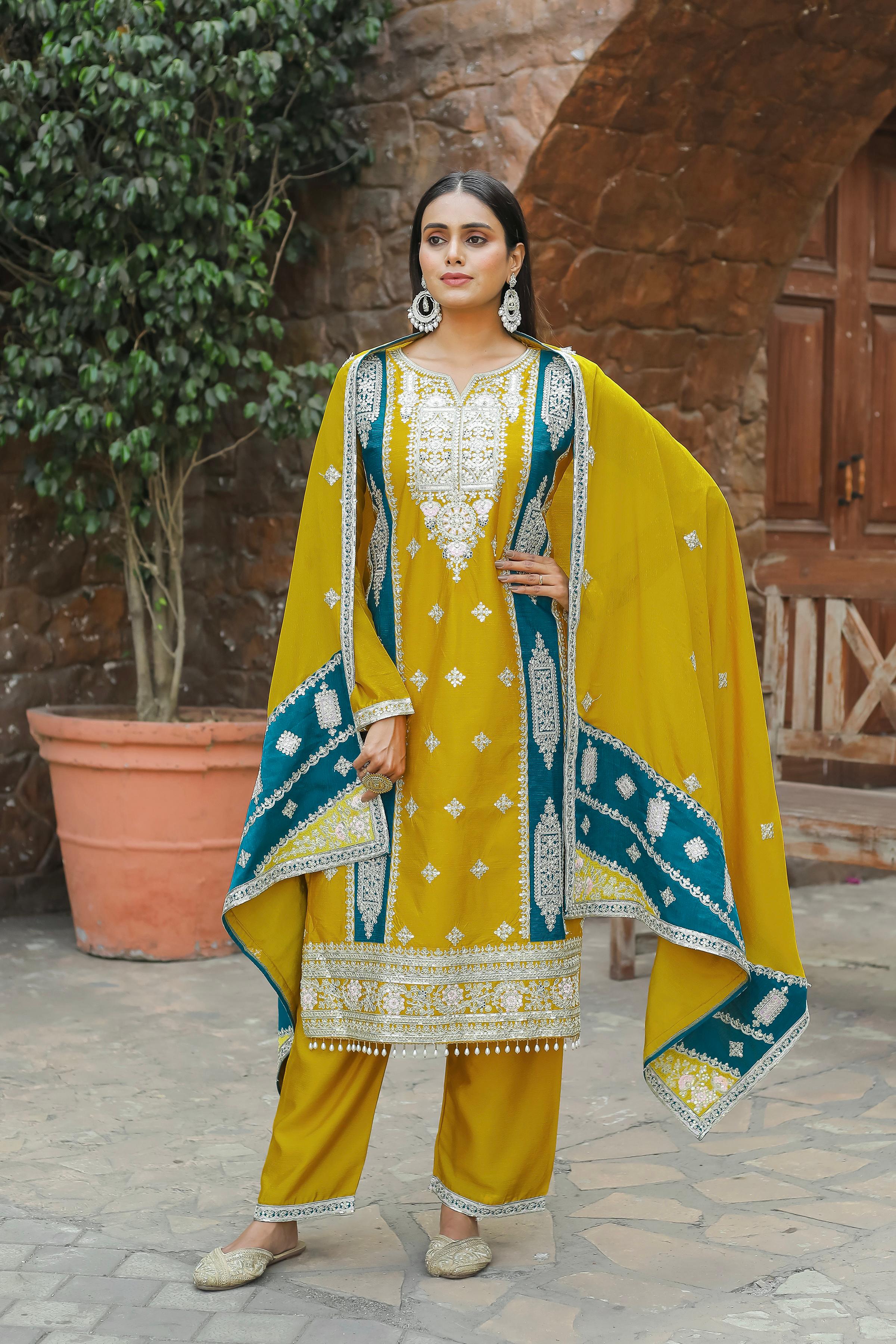 Full Stitched Fancy Work Mustard Color Palazzo Suit