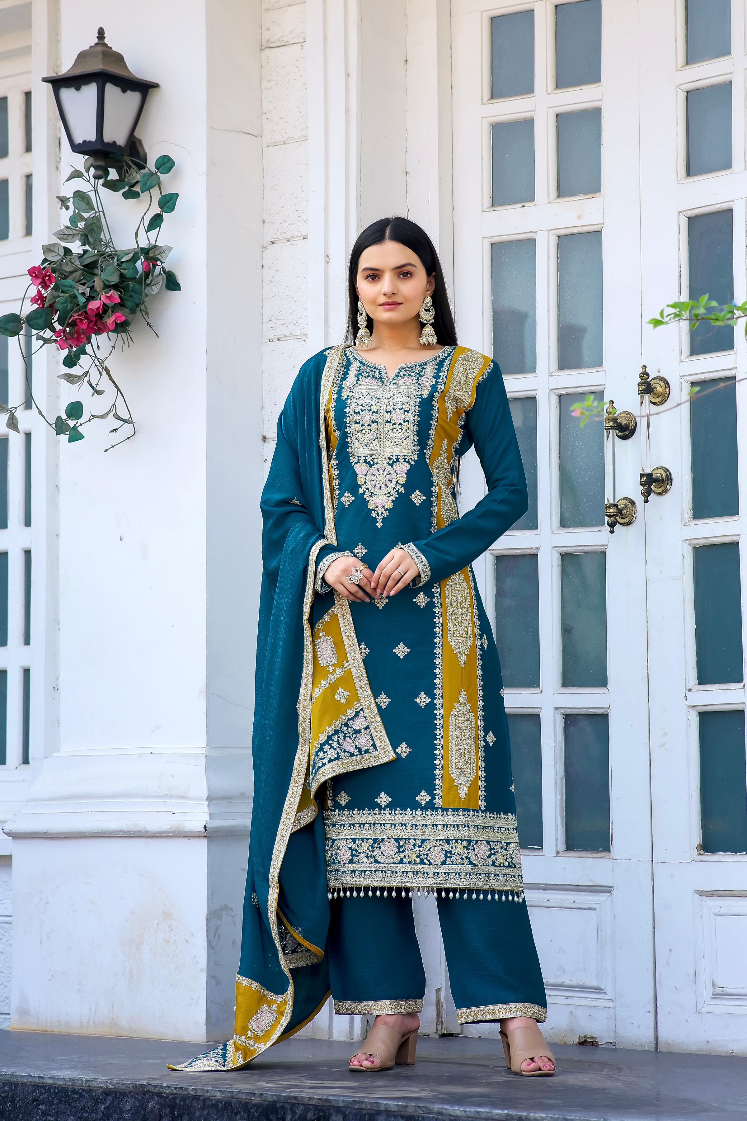 Full Stitched Fancy Work Teal Blue Color Palazzo Suit