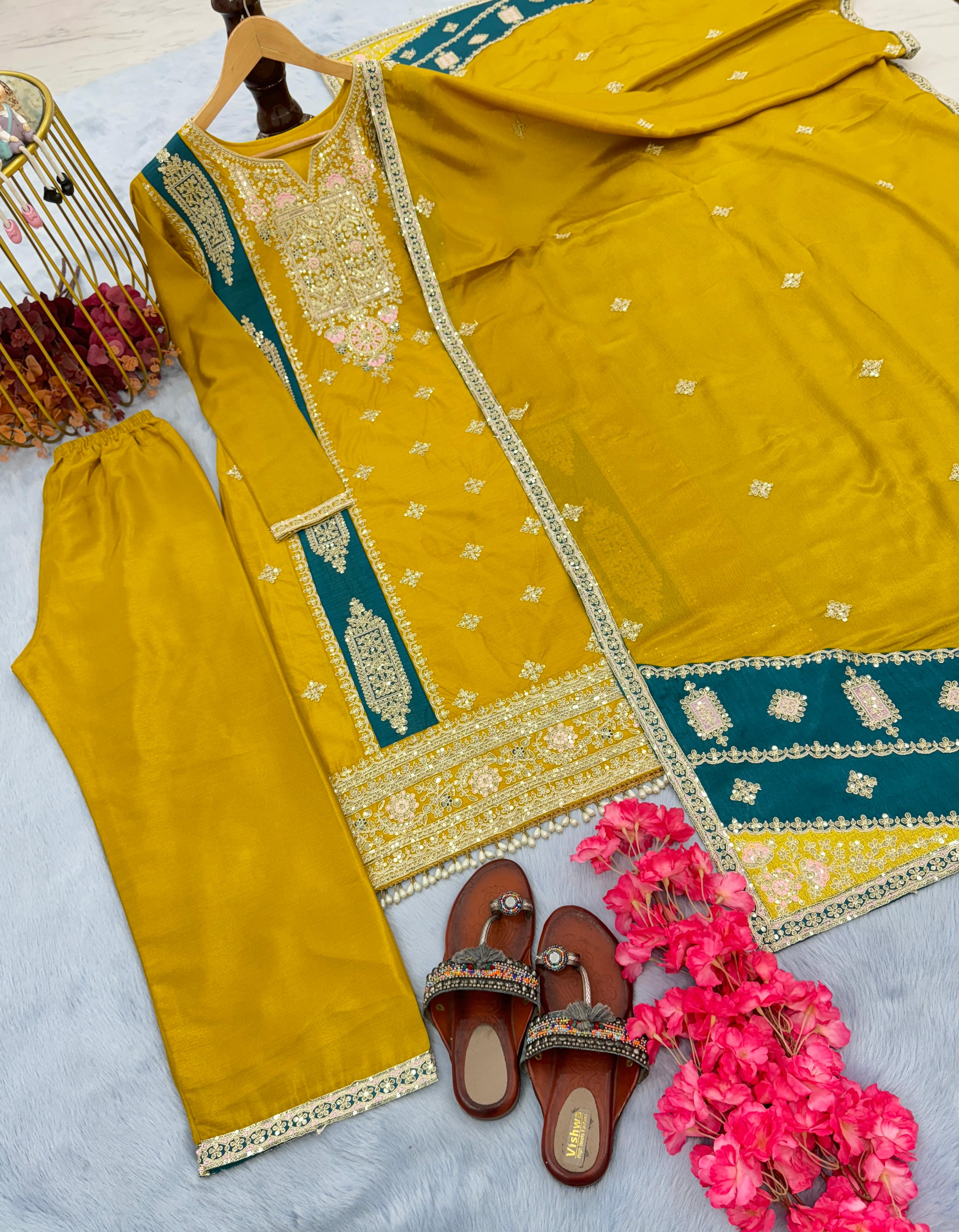 Full Stitched Fancy Work Mustard Color Palazzo Suit