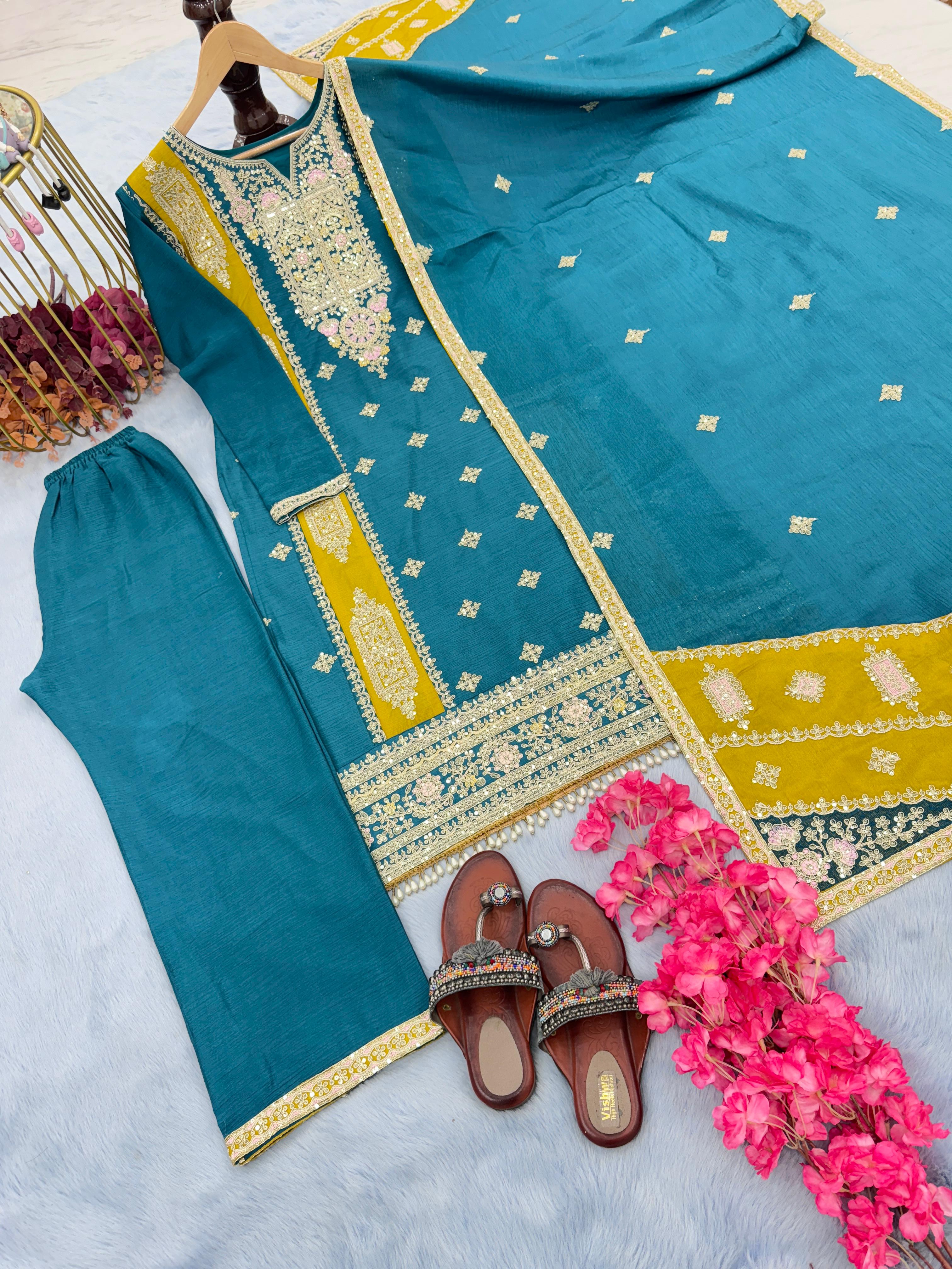 Full Stitched Fancy Work Teal Blue Color Palazzo Suit