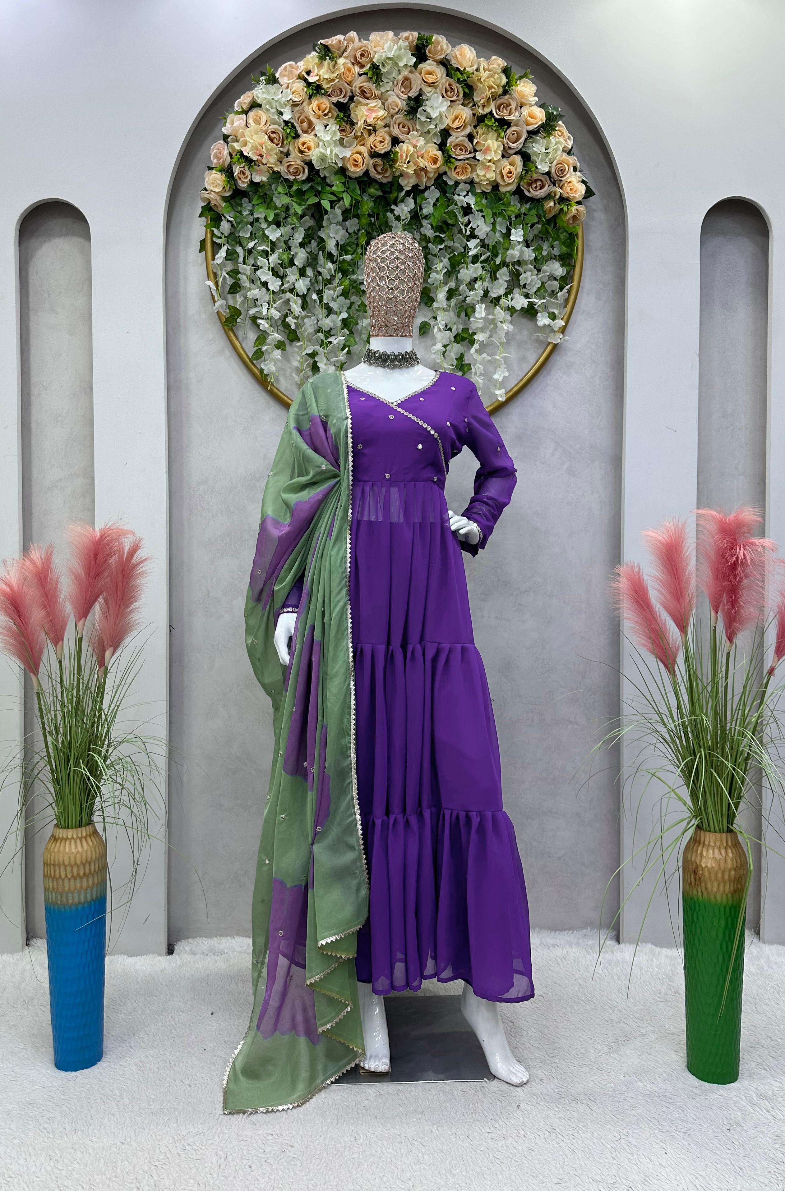 Decent Purple Anarkali Gown With Printed Dupatta