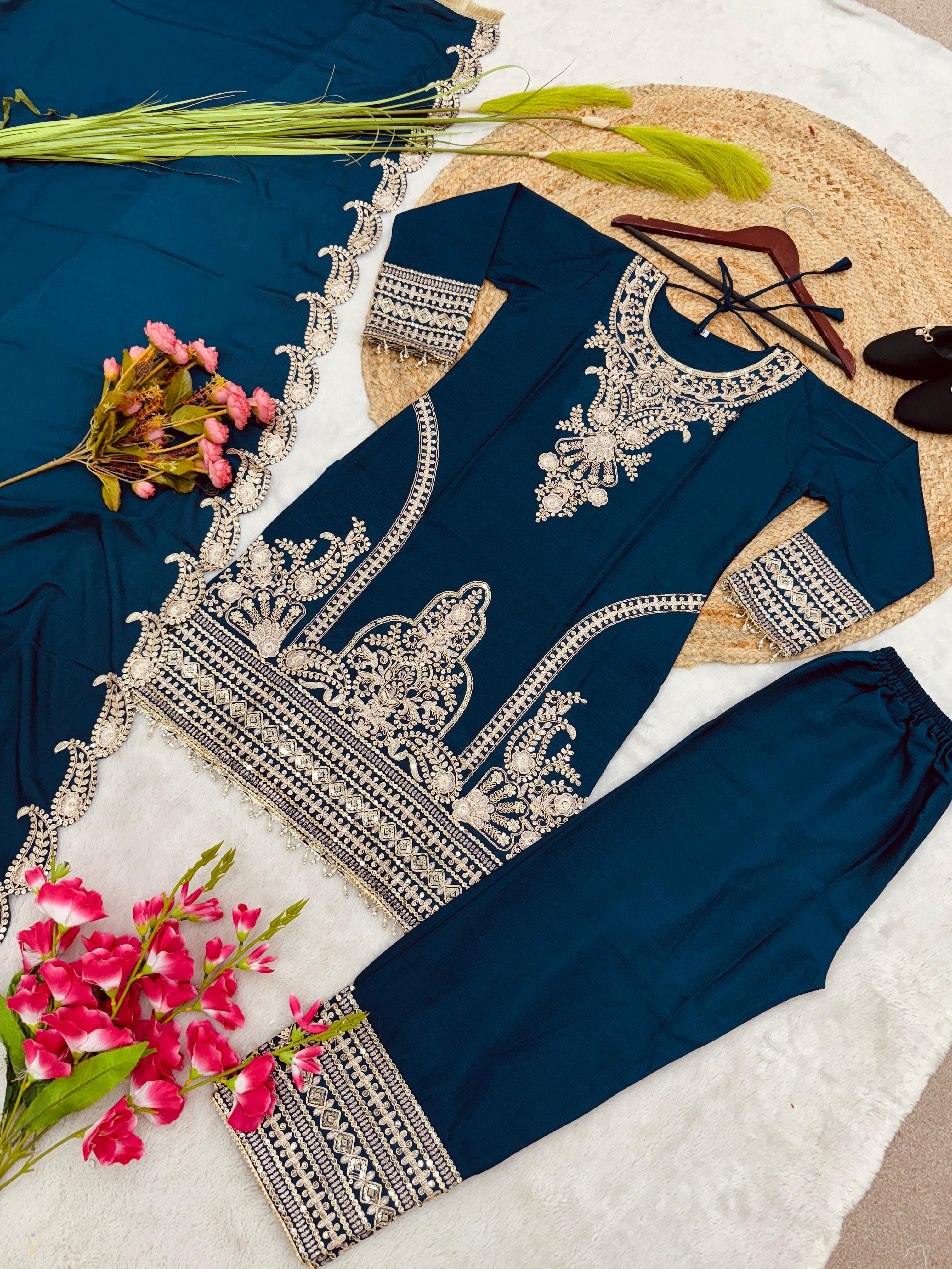Opulent Navy Blue Color Full Sleeve Embroidery Work Salwar Suit