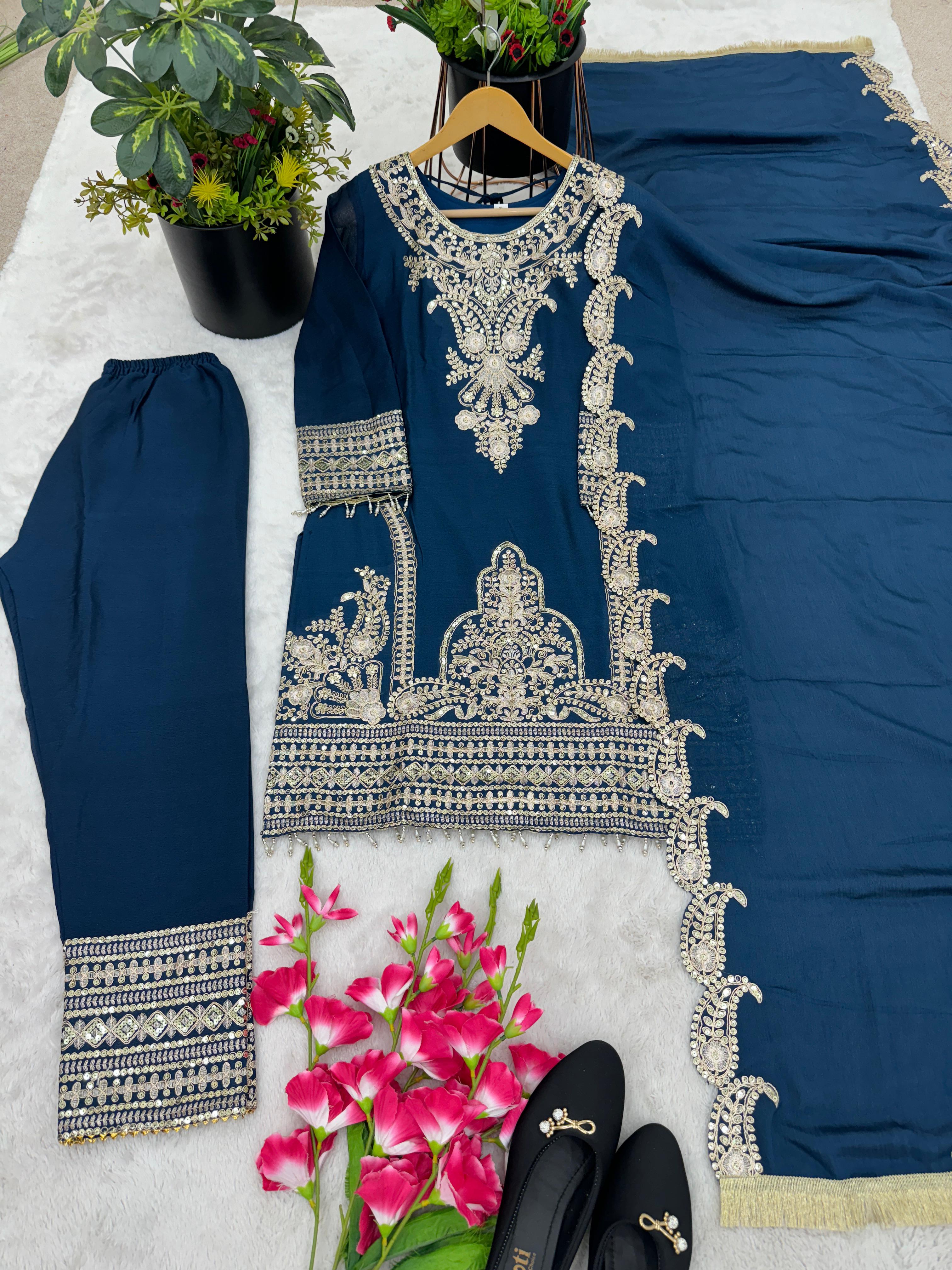 Opulent Navy Blue Color Full Sleeve Embroidery Work Salwar Suit