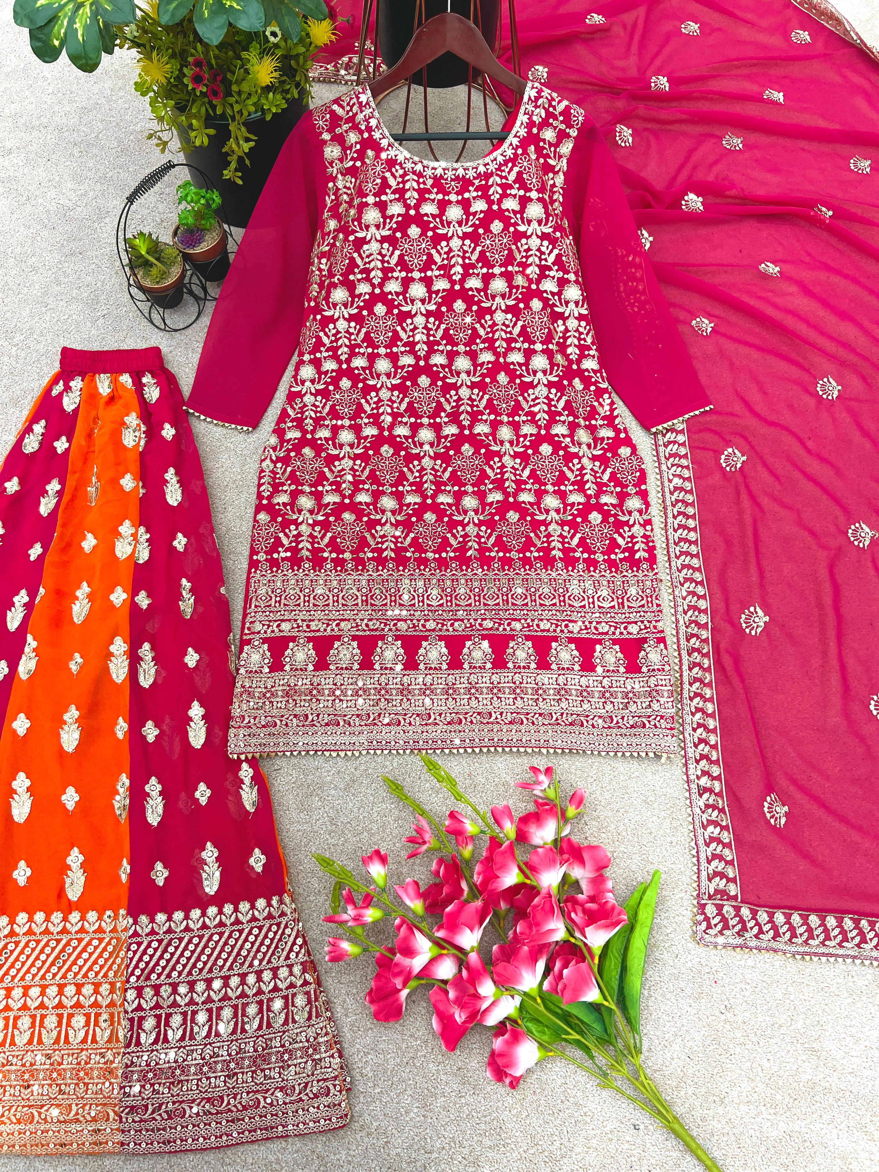 Wedding Wear Full Sequence Work Pink Sharara Suit