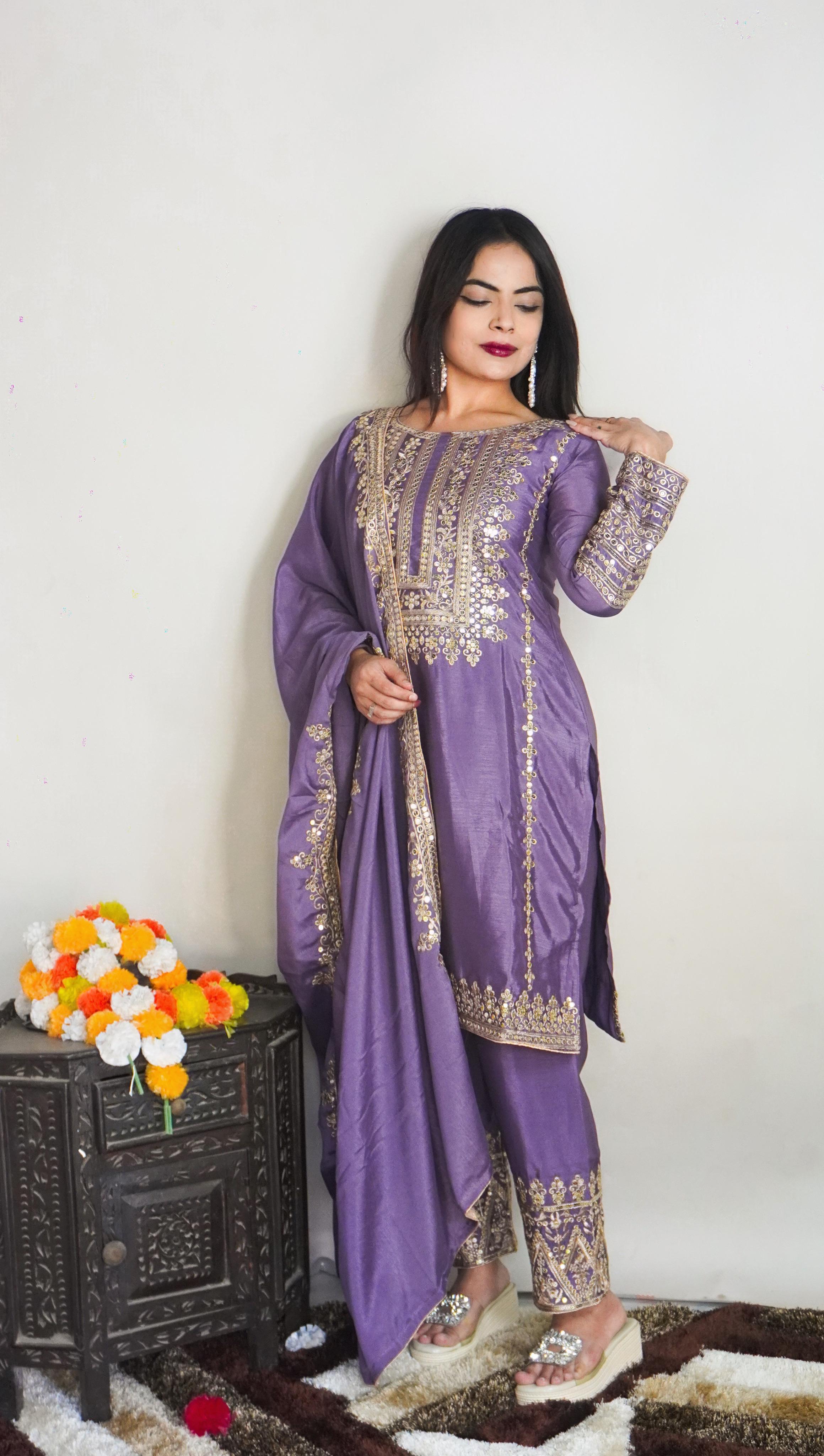 Exclusive Full Sleeve With Work Lavender Color Salwar Suit