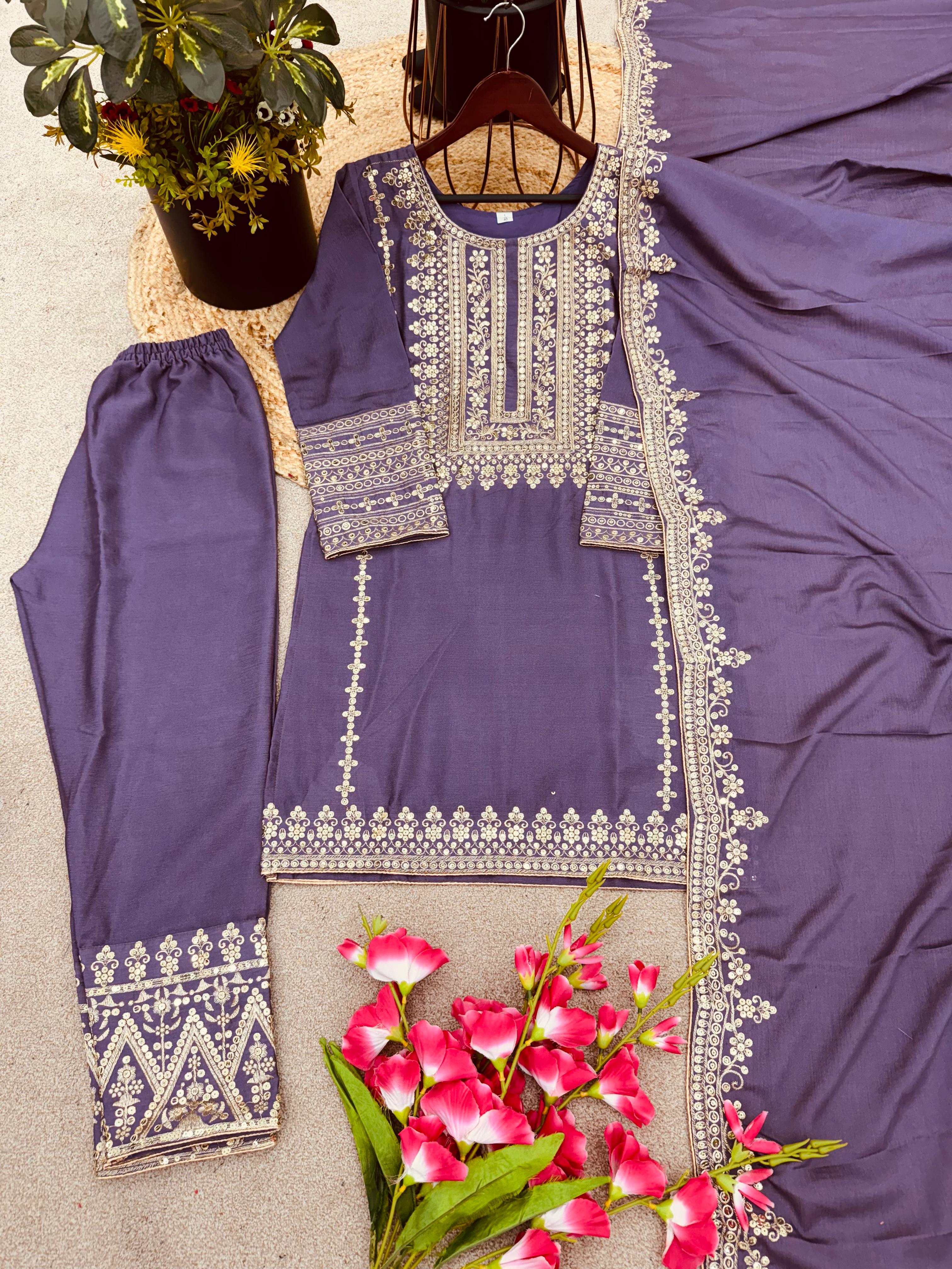 Exclusive Full Sleeve With Work Lavender Color Salwar Suit