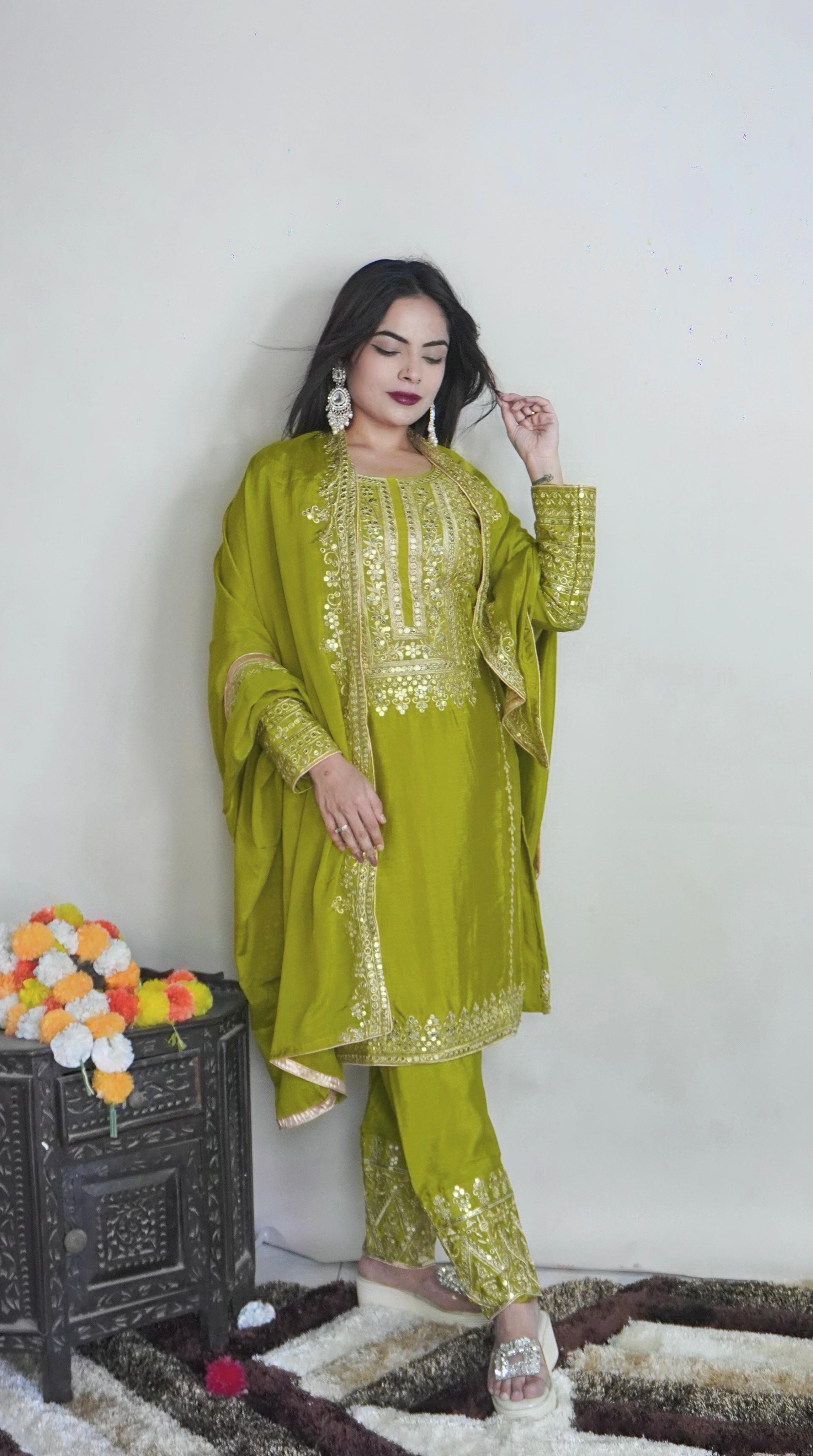 Exclusive Full Sleeve With Work Parrot Green Color Salwar Suit