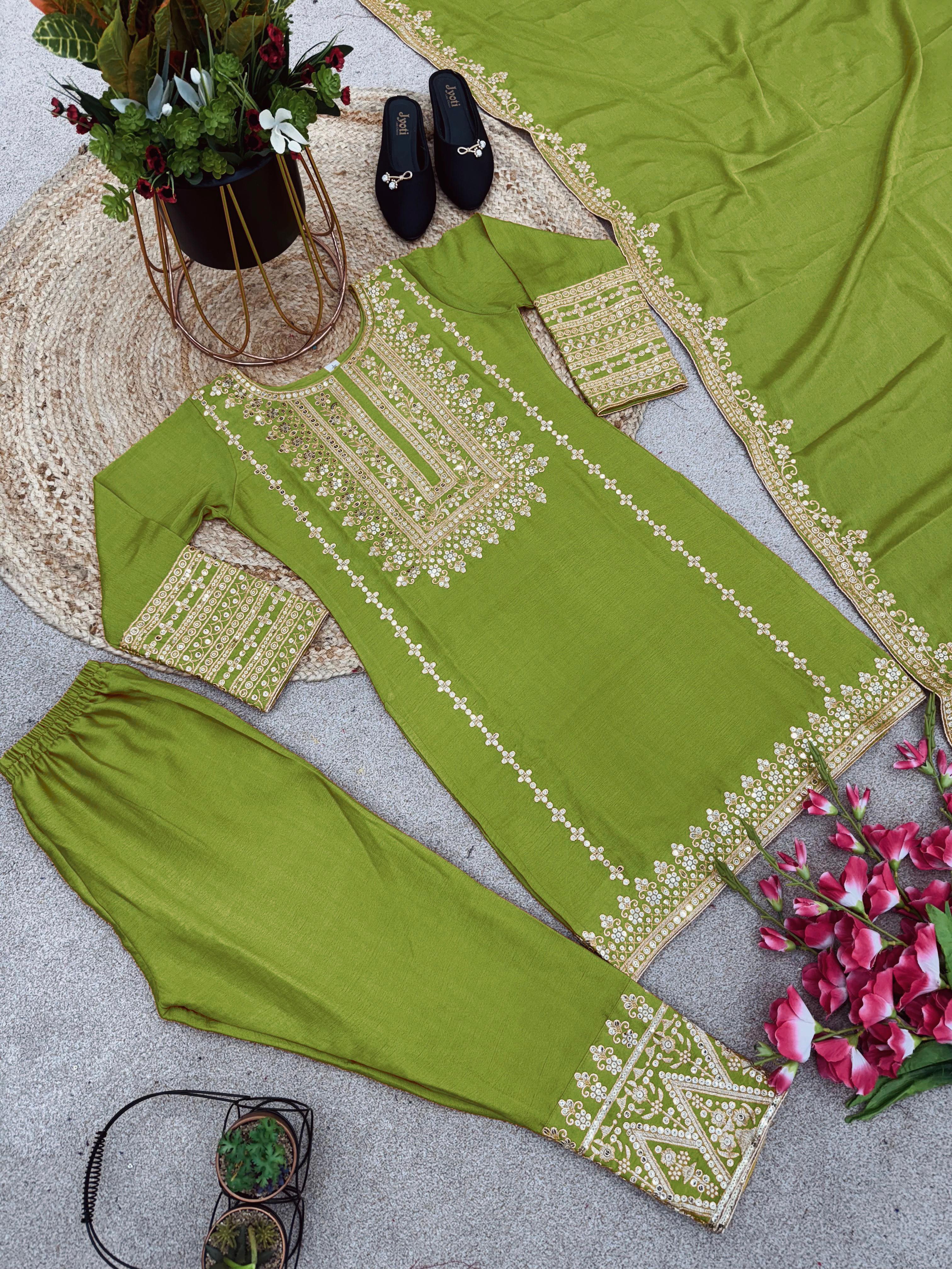 Exclusive Full Sleeve With Work Parrot Green Color Salwar Suit