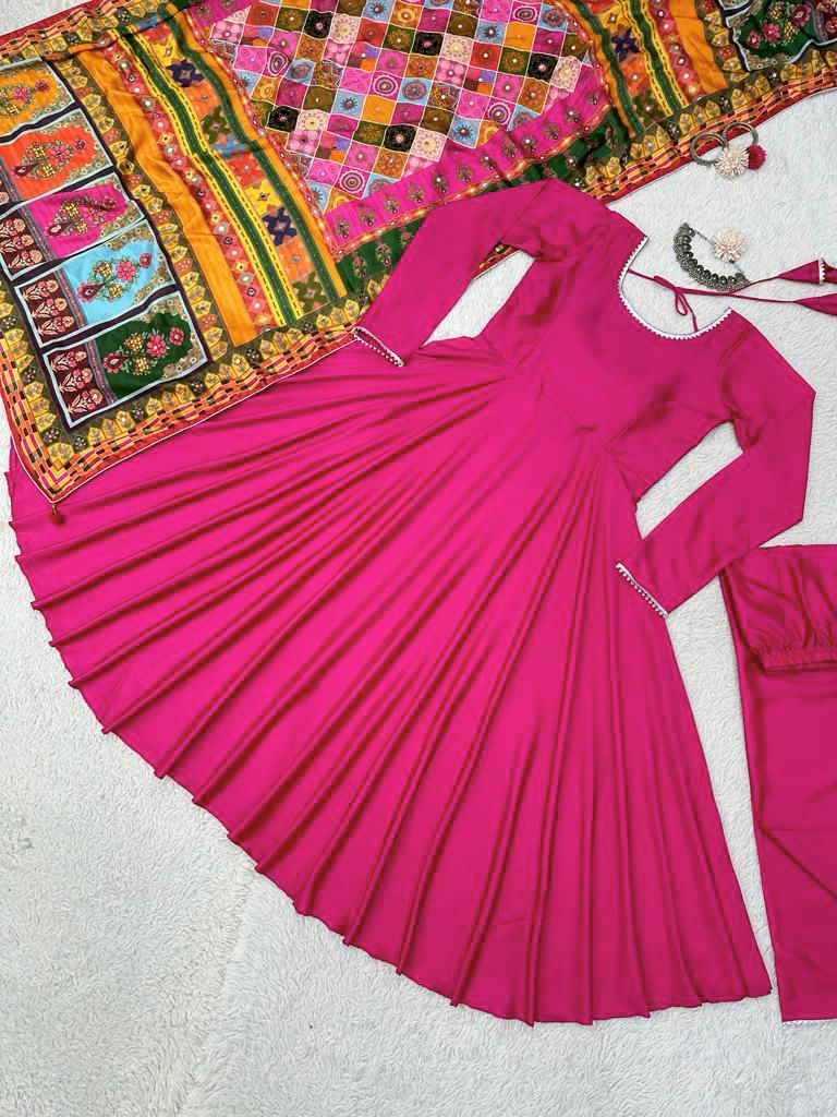 Pink Color Plain Gown With Digital Print Dupatta