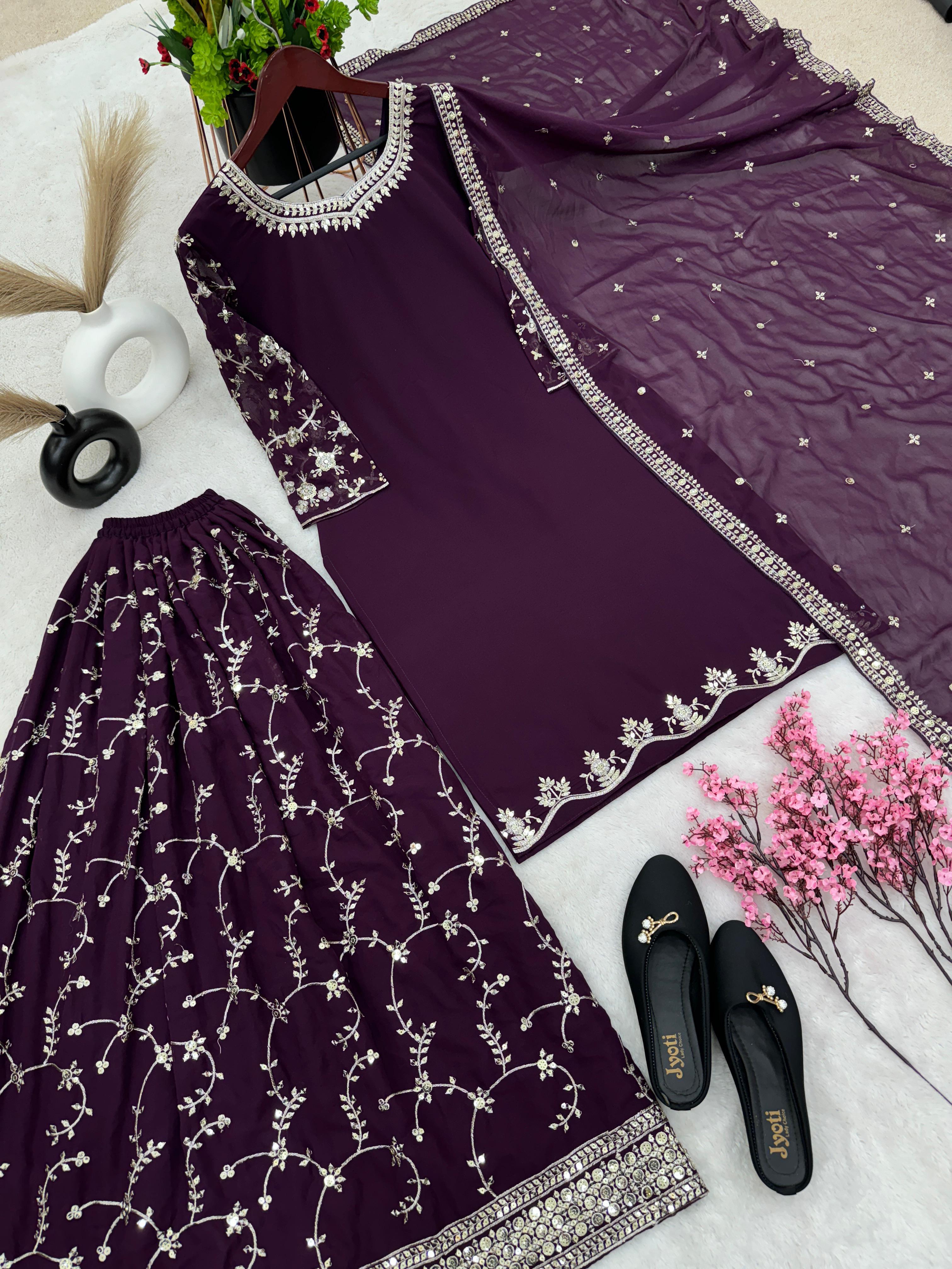 Wine Sequence With Embroidery Work Wedding Wear Sharara Suit