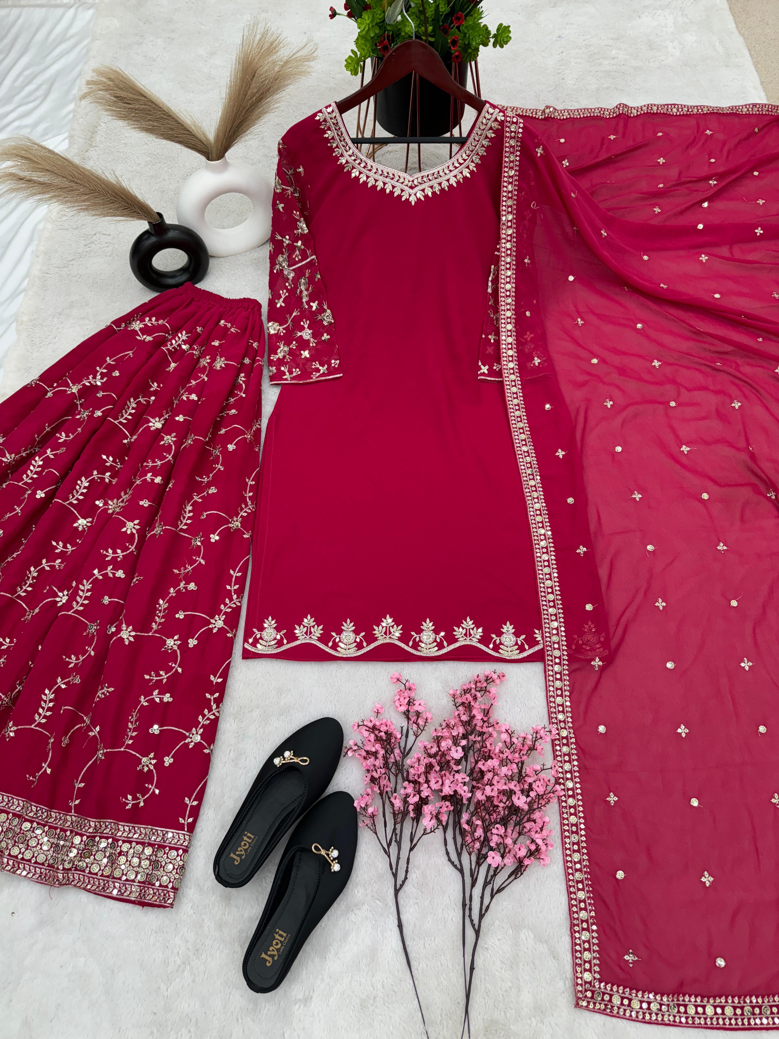 Pink Sequence With Embroidery Work Wedding Wear Sharara Suit